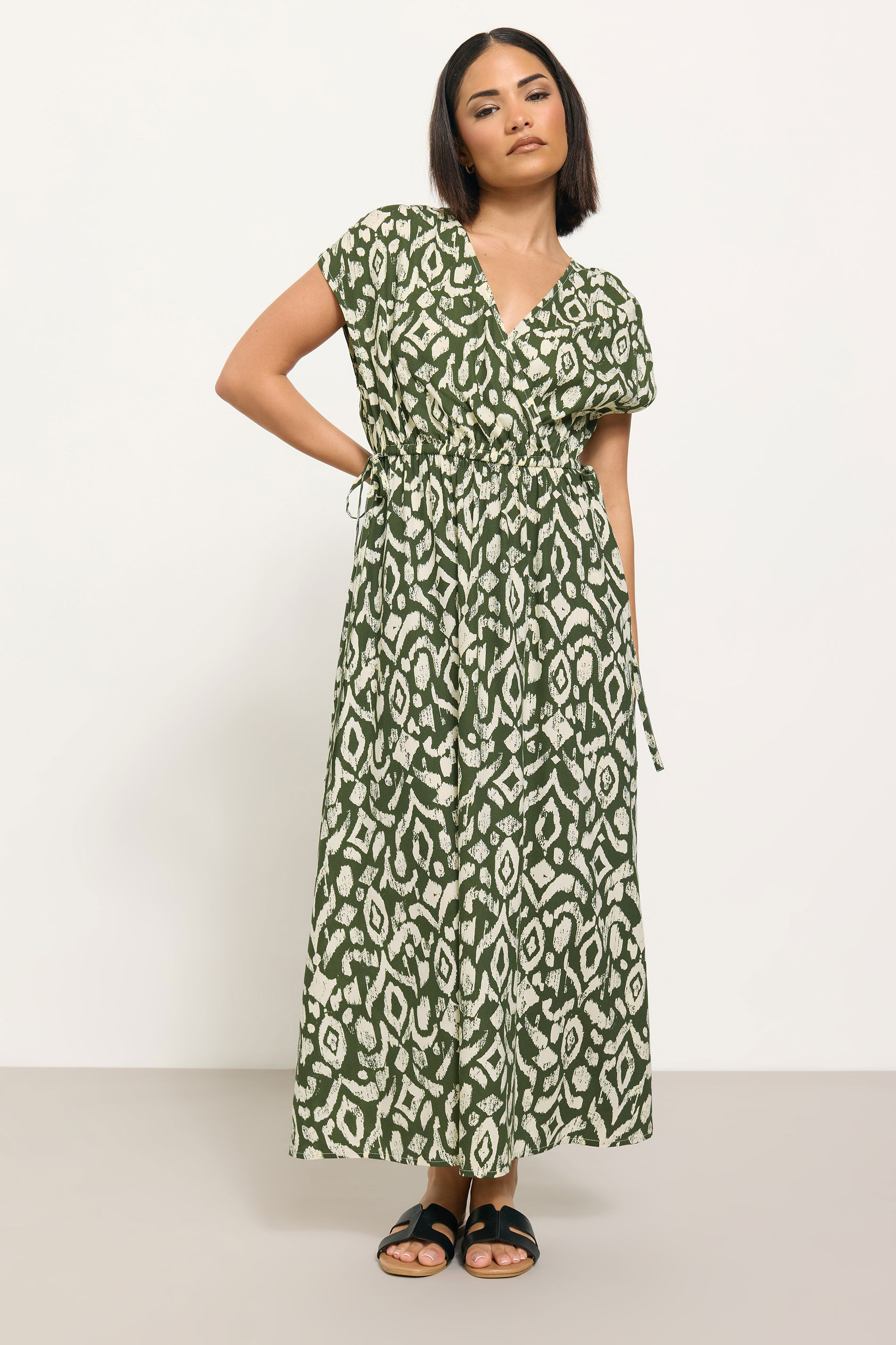 PixieGirl Petite Women's Khaki Green Abstract Drawstring Wrap Maxi Dress | PixieGirl 2
