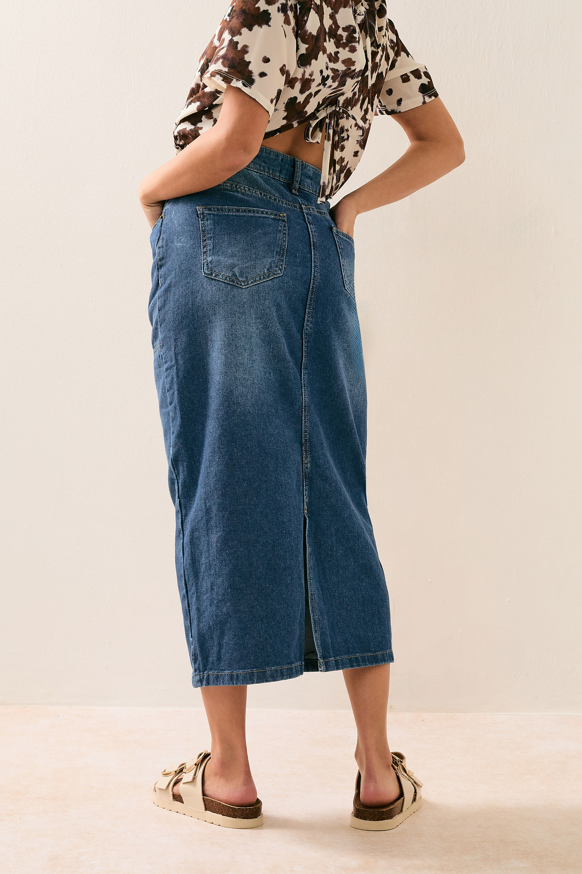 PixieGirl Petite Women's Blue Denim Panel Seam Skirt | PixieGirl 3