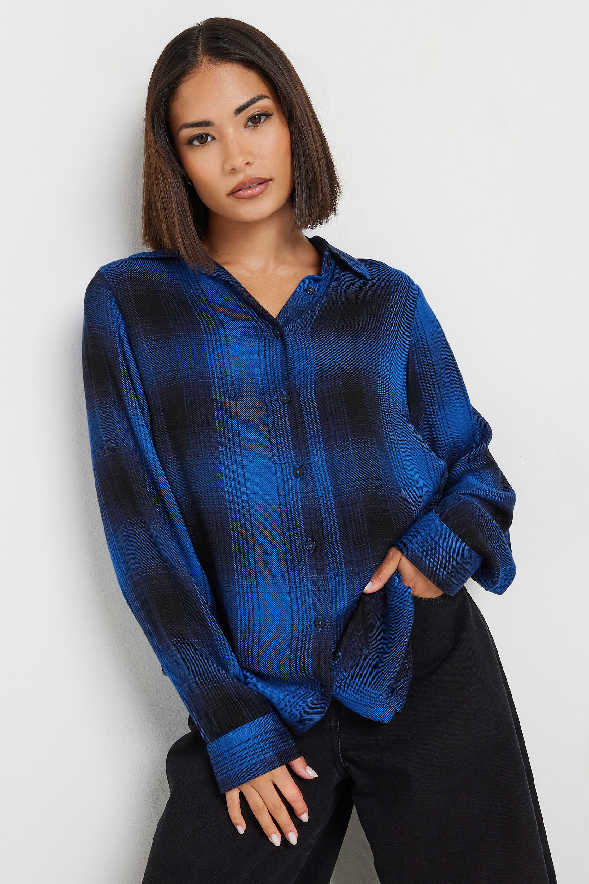 PixieGirl Petite Women's Blue Woven Check Overshirt | PixieGirl 1