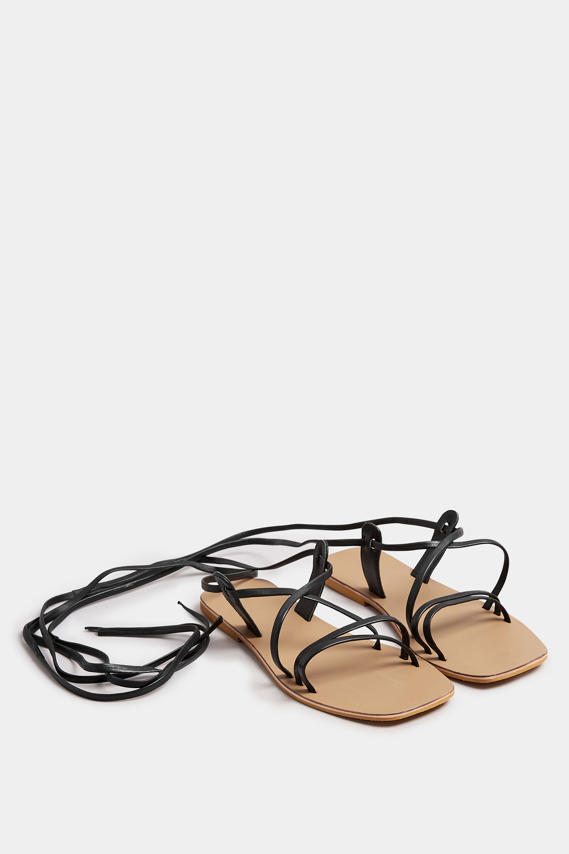 Black Leather Strappy Tie Up Sandals In Wide EEE Fit | Yours Clothing 2