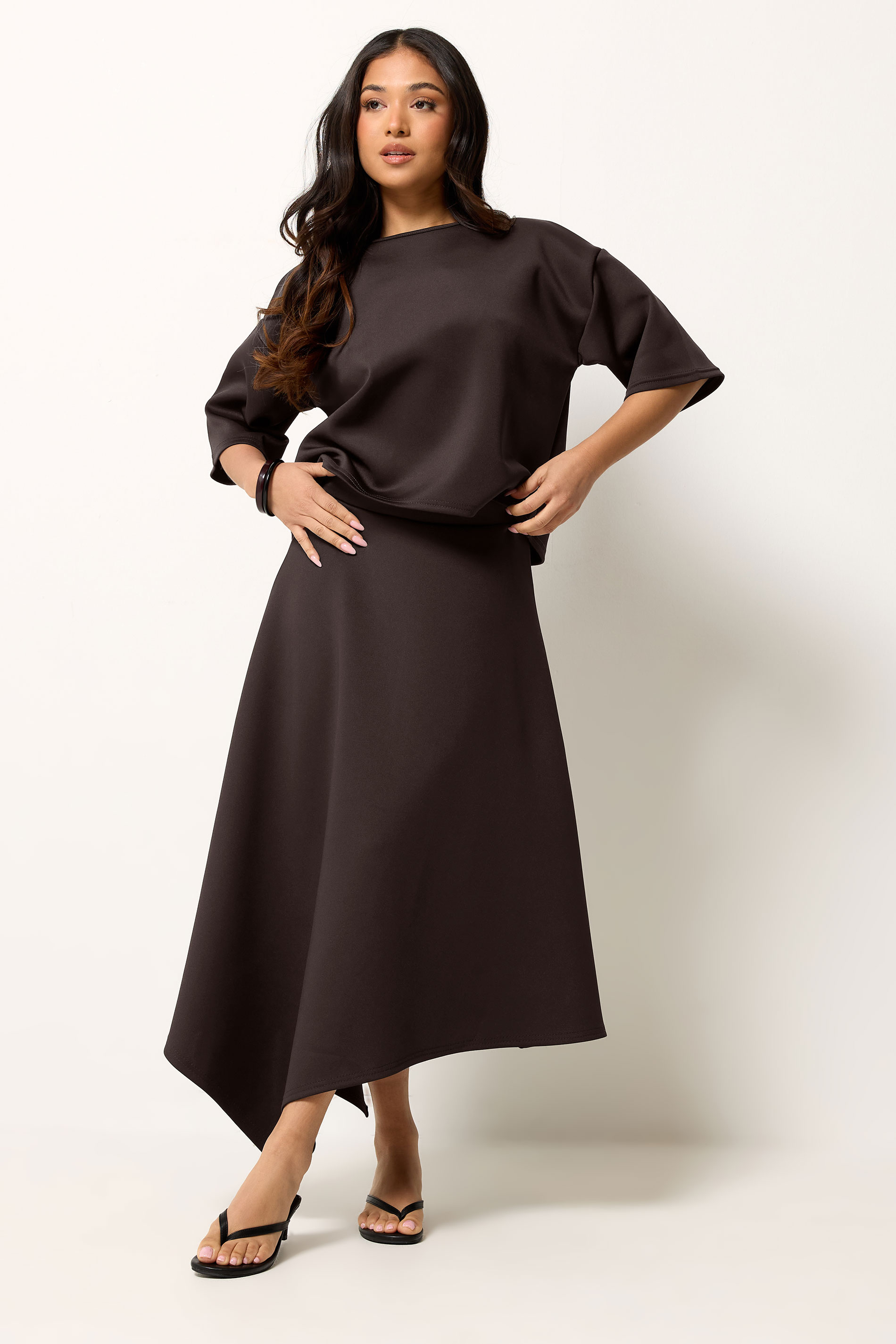 PixieGirl Petite Women's Chocolate Brown Asymmetric Hem Midi Skirt | PixieGirl 3