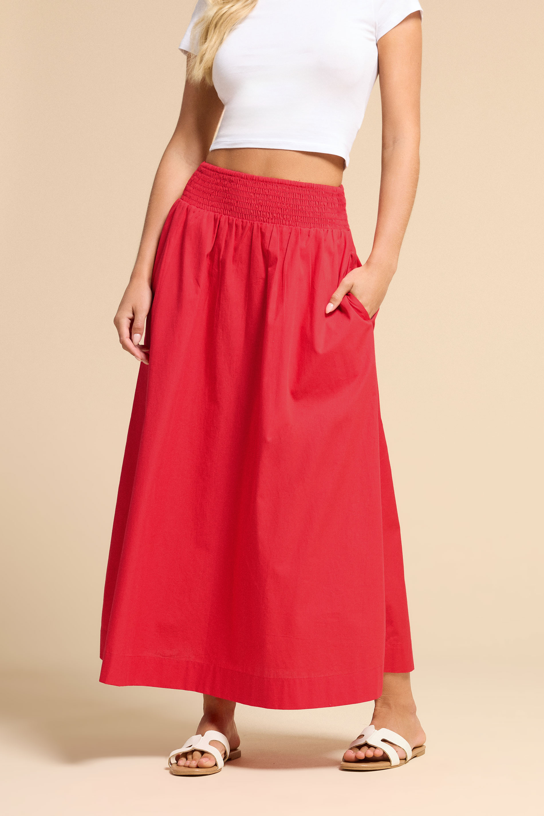 PixieGirl Petite Women's Red Shirred Poplin Maxi Skirt | PixieGirl 2