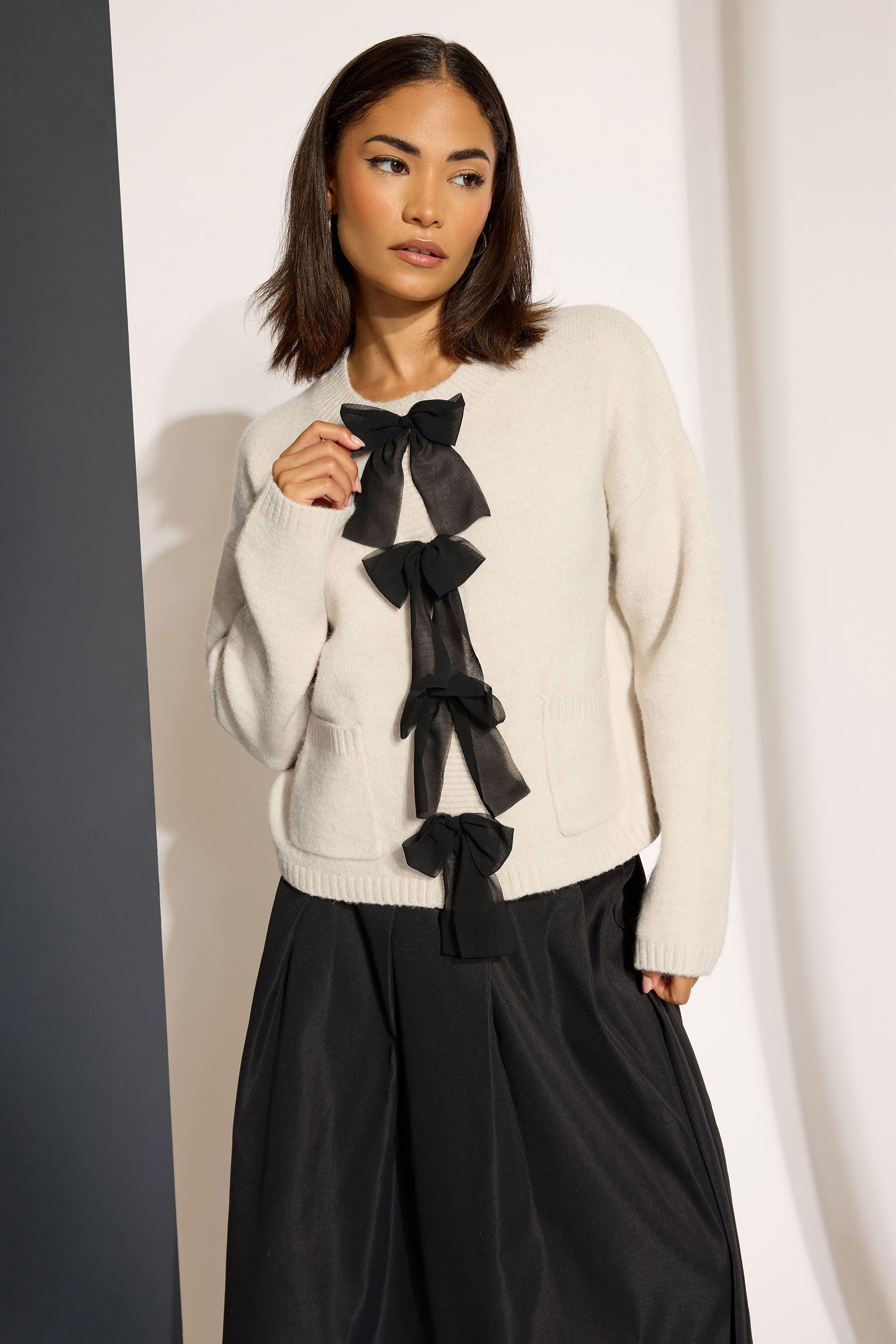 PixieGirl Petite Women's Cream Knitted Bow Front Cardigan | PixieGirl 1