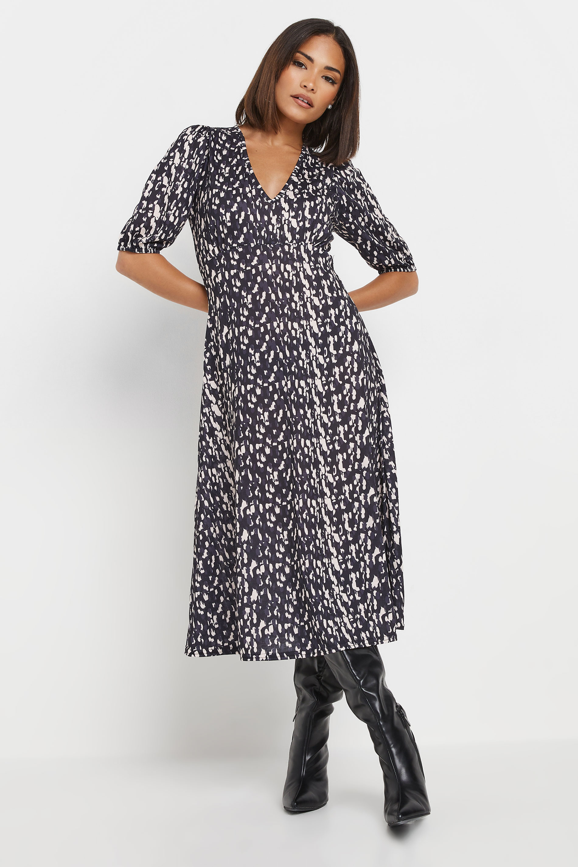 PixieGirl Petite Womens Black Abstract Spot Print Midi Tea Dress | PixieGirl 2