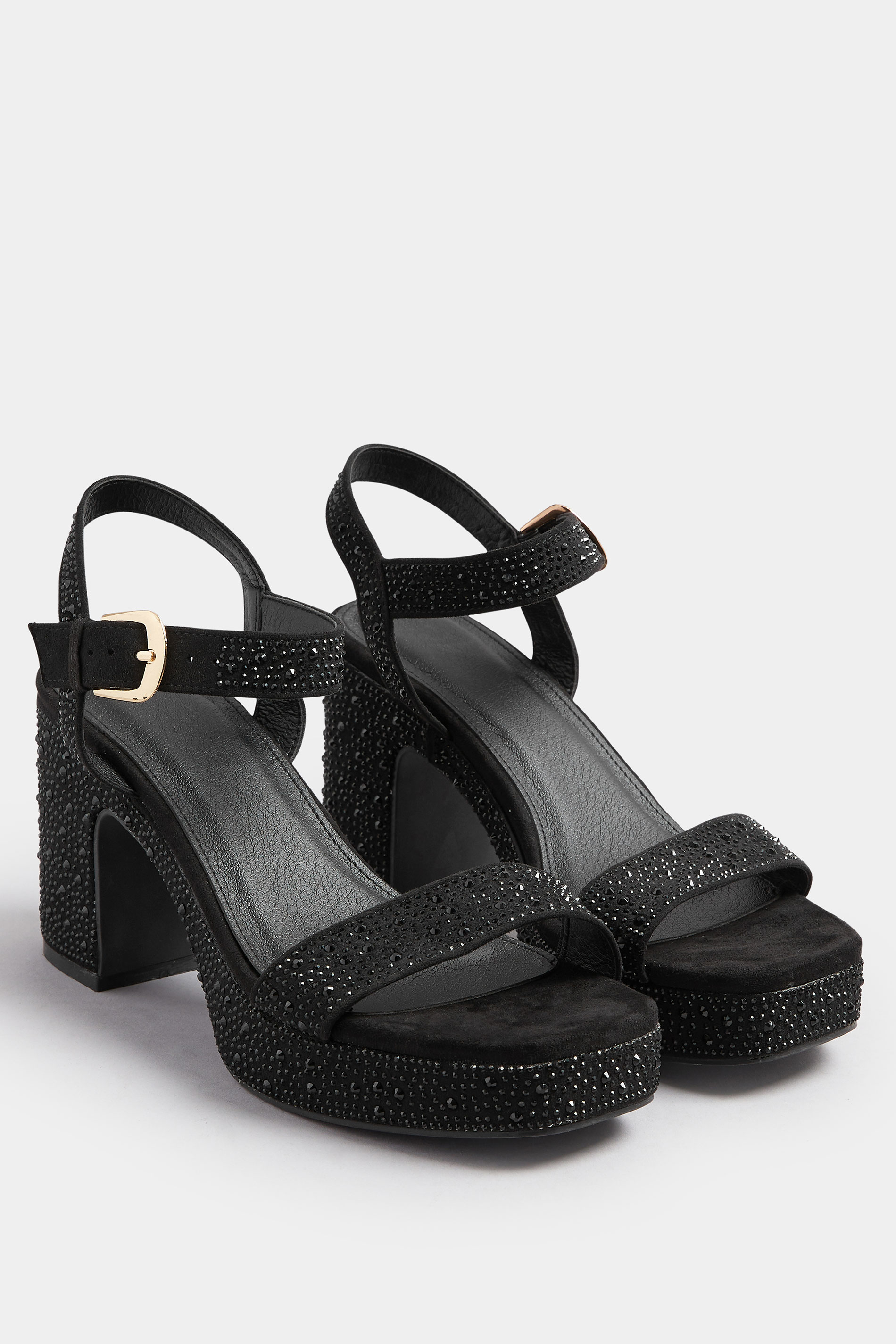 Black Diamante Platform Block Heels In Wide E Fit | Yours Clothing 2