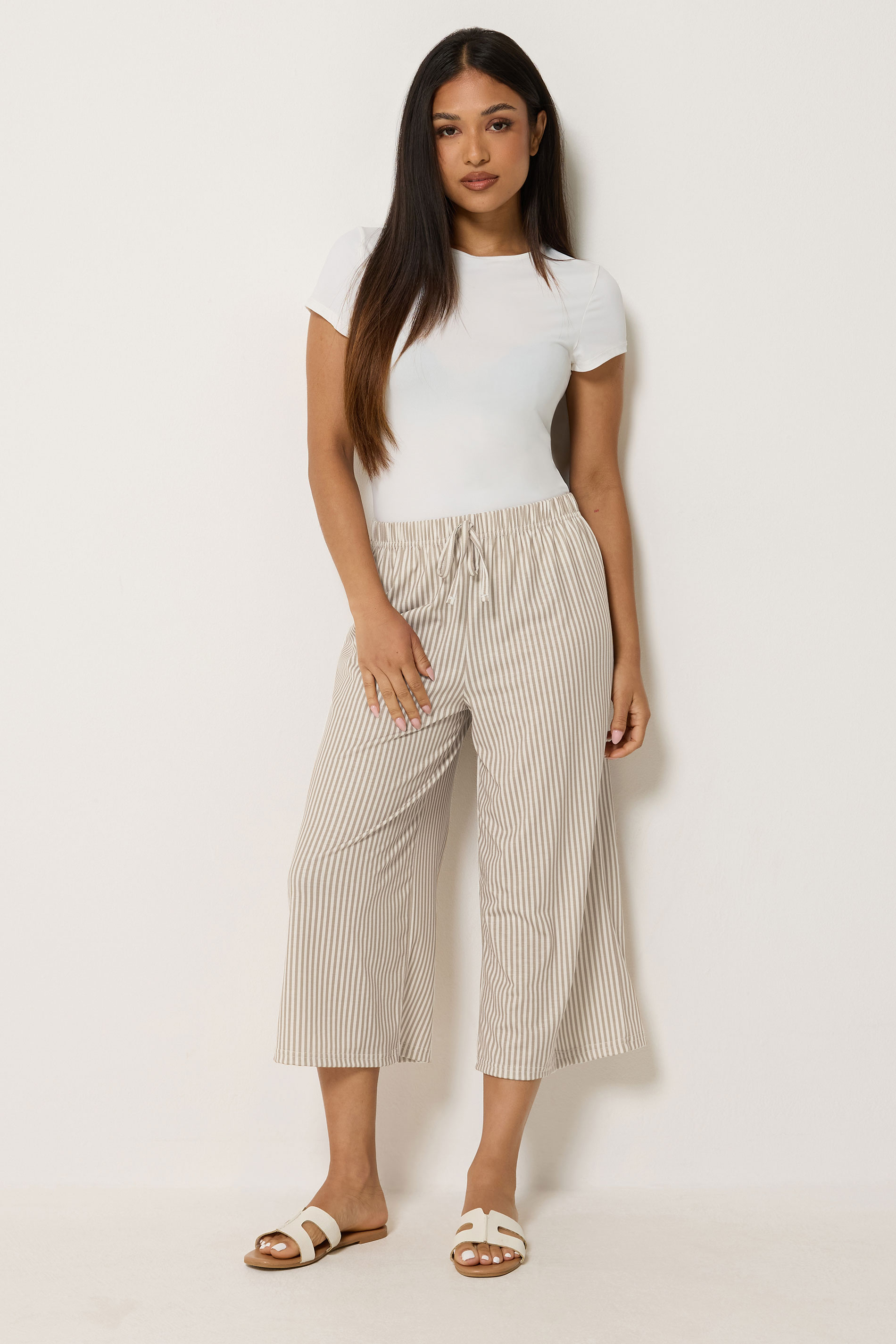 M&Co Petite Neutral Brown Stripe Wide Leg Culottes | M&Co 1