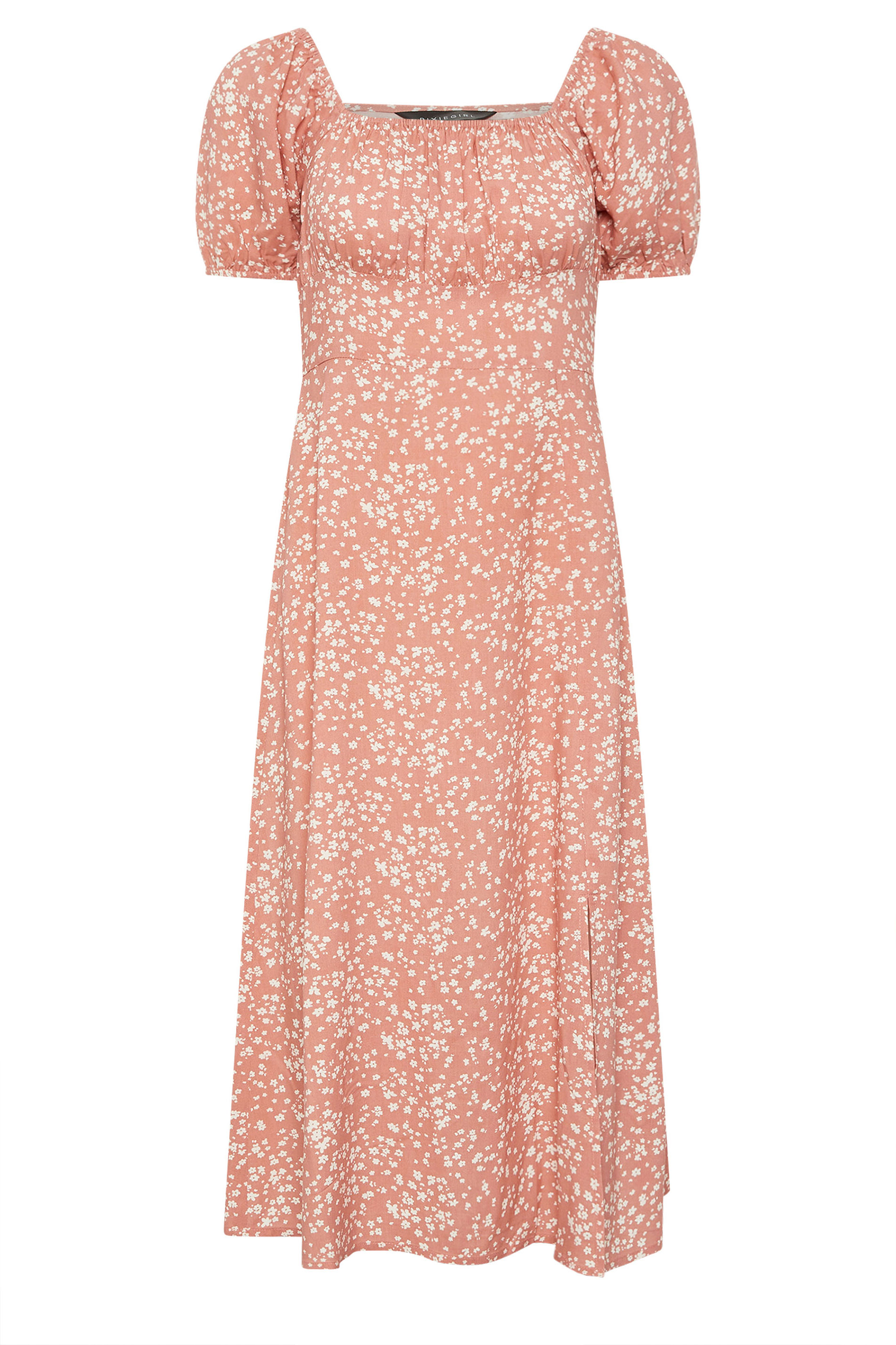 PixieGirl Petite Women's Coral Pink Ditsy Floral Puff Sleeve Midi Dress | PixieGirl 5