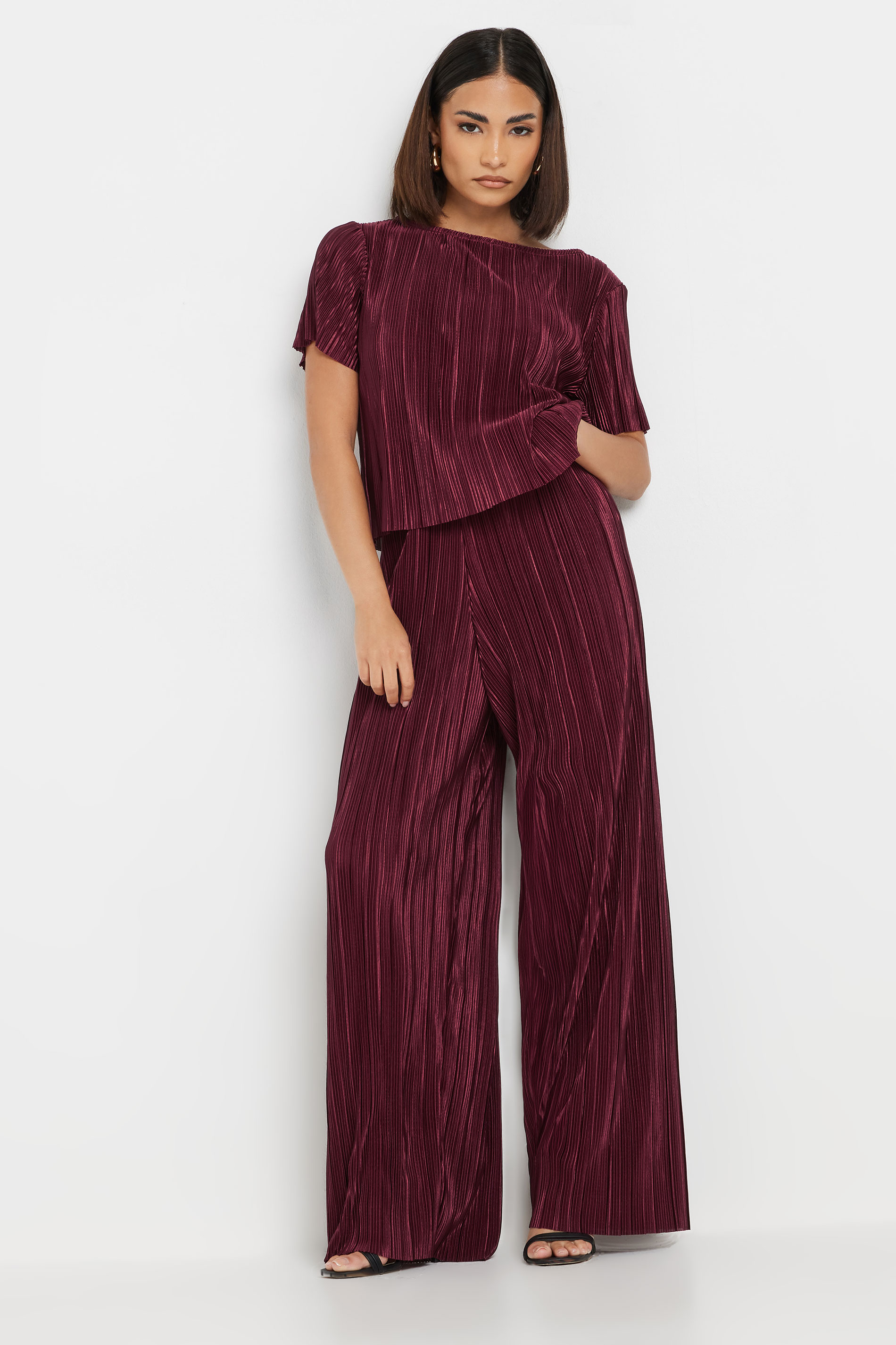 PixieGirl Petite Women's Burgundy Red Plisse Wide Leg Trousers | PixieGirl 1