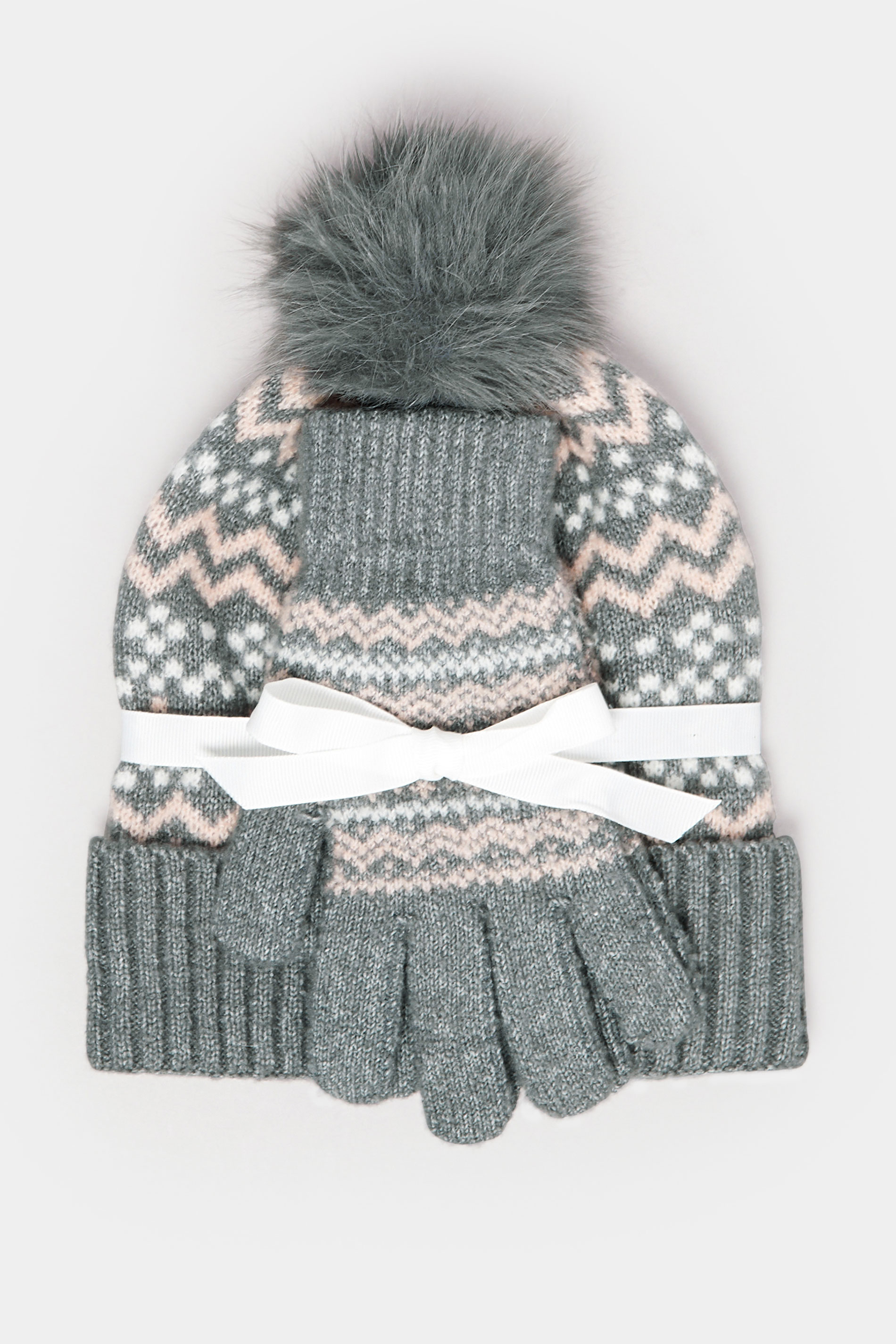 Grey Fairisle Bobble Hat & Glove Set | Yours Clothing  2