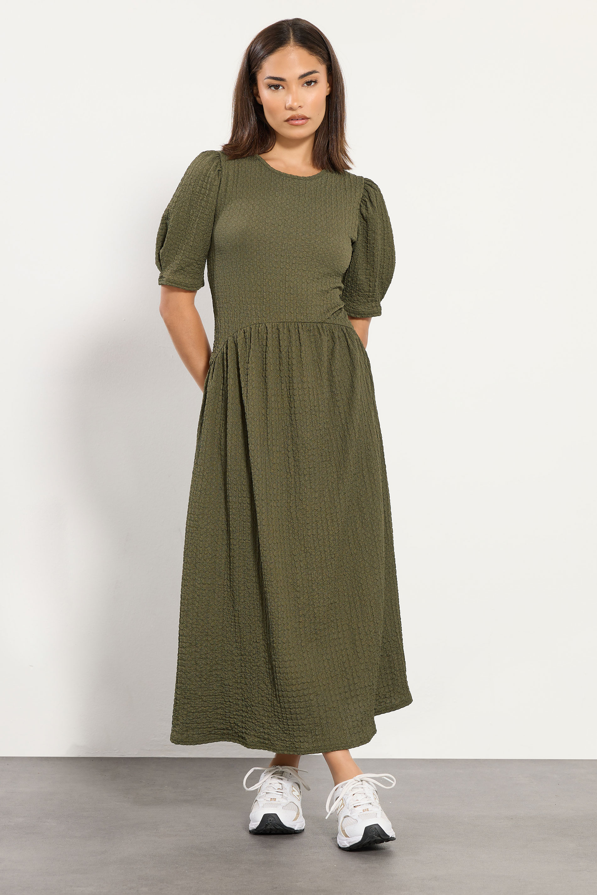 PixieGirl Petite Womens Olive Green Textured Midi Dress | PixieGirl 2