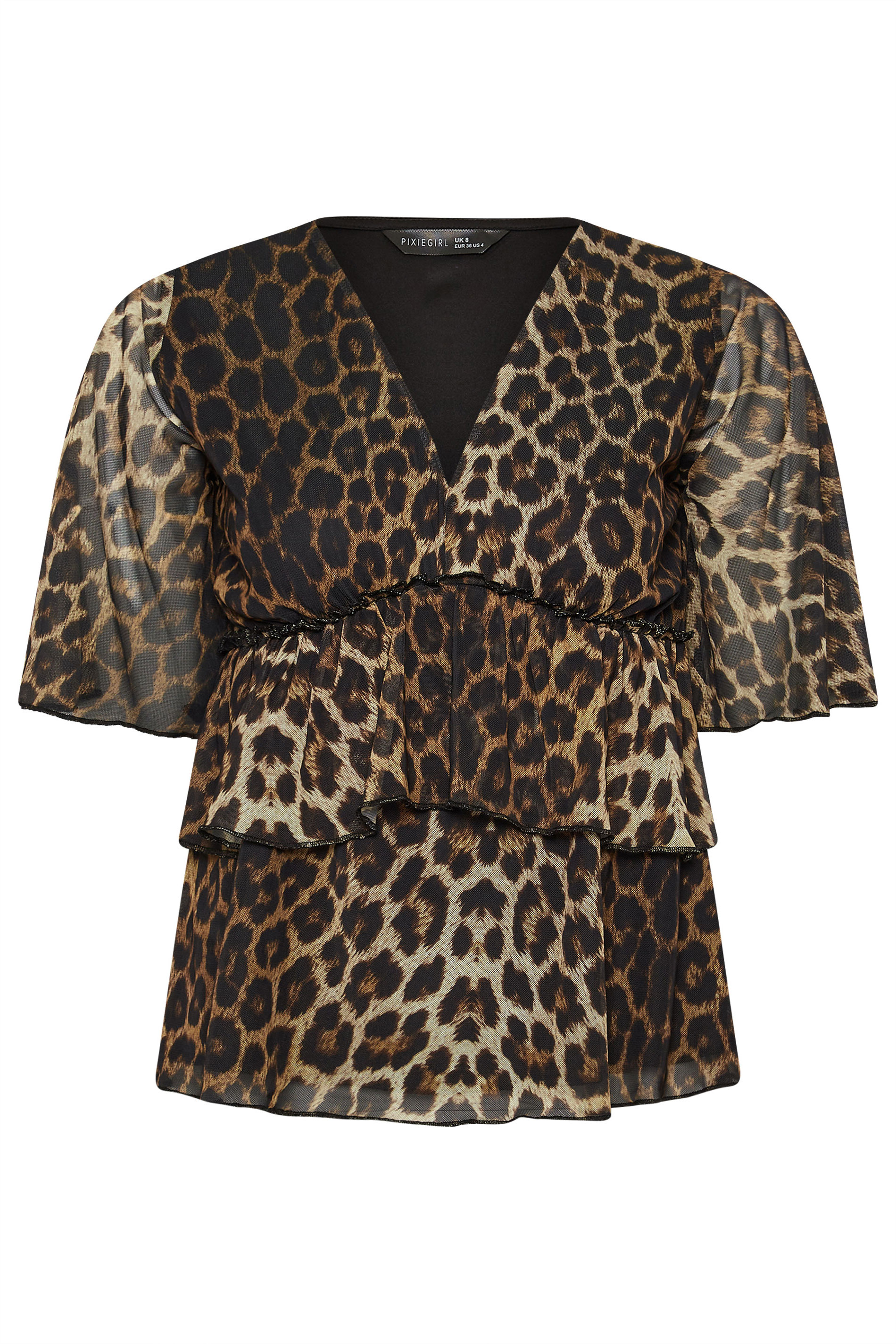 PixieGirl Petite Women's Brown Leopard Print Mesh Frill Smock Top | PixieGirl 6