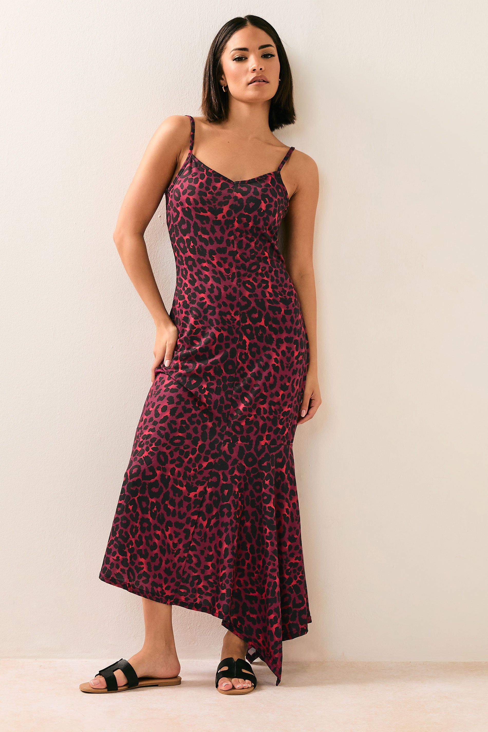 PixieGirl Petite Women's Burgundy Red Leopard Print Hanky Hem Maxi Dress | PixieGirl 1