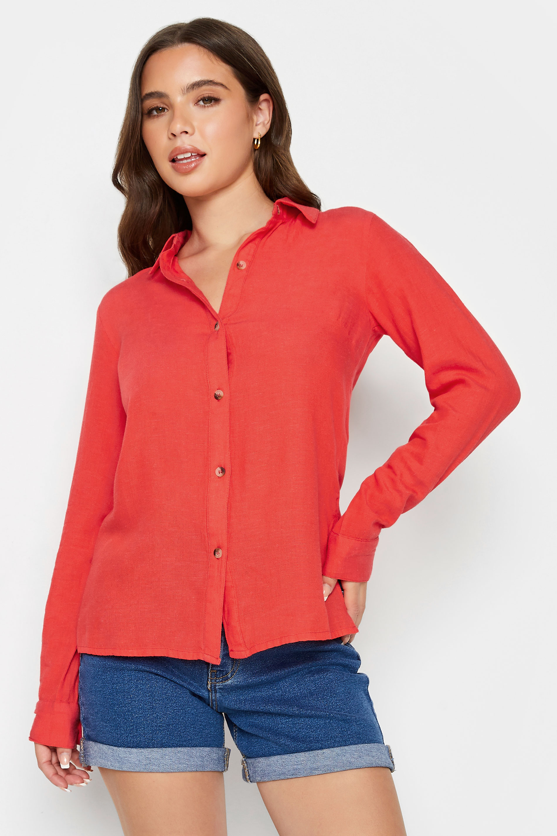 Petite Coral Orange Linen Blend Shirt  | PixieGirl 2