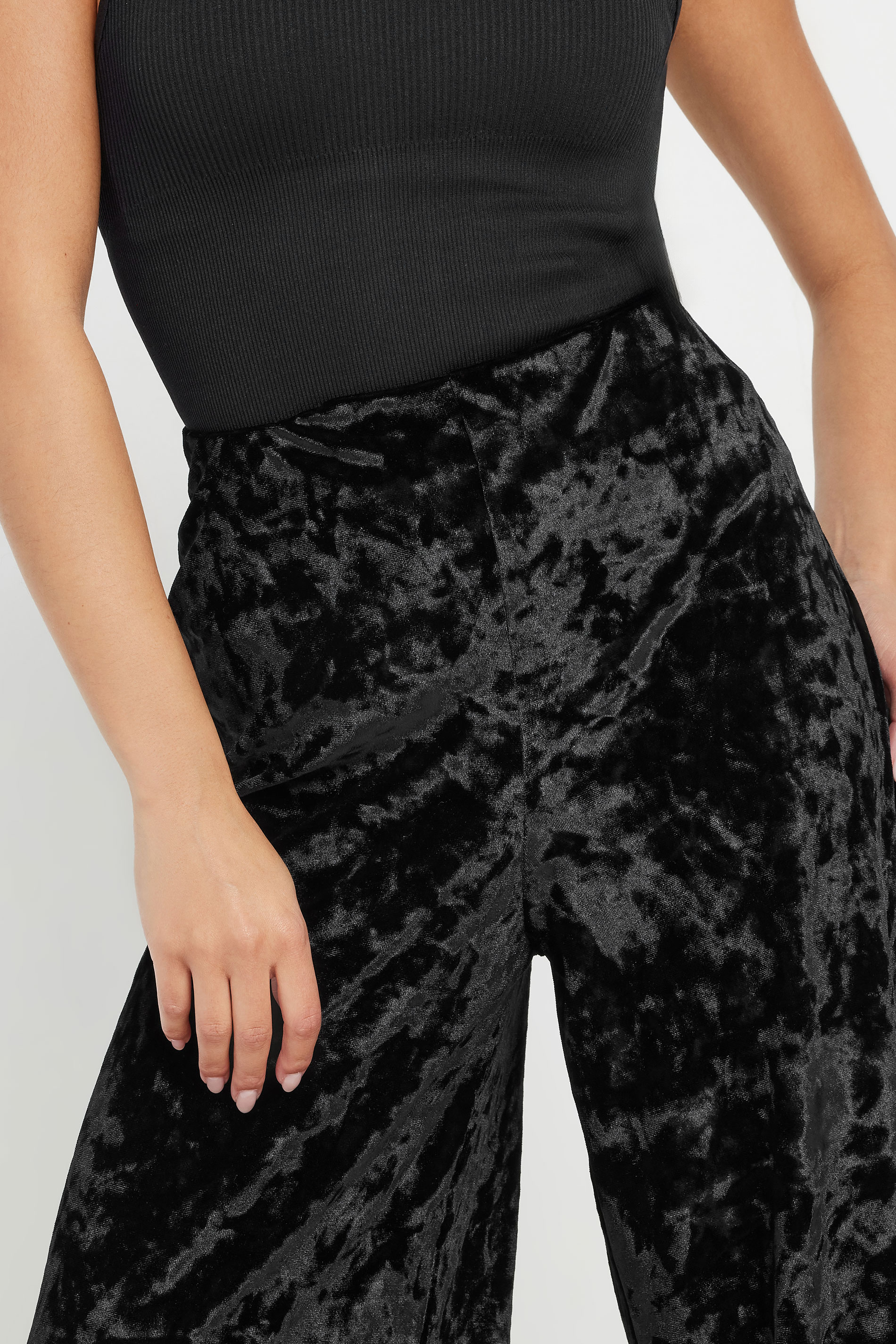 PixieGirl Petite Women's Black Crushed Velour Wide Leg Trousers | PixieGirl 4