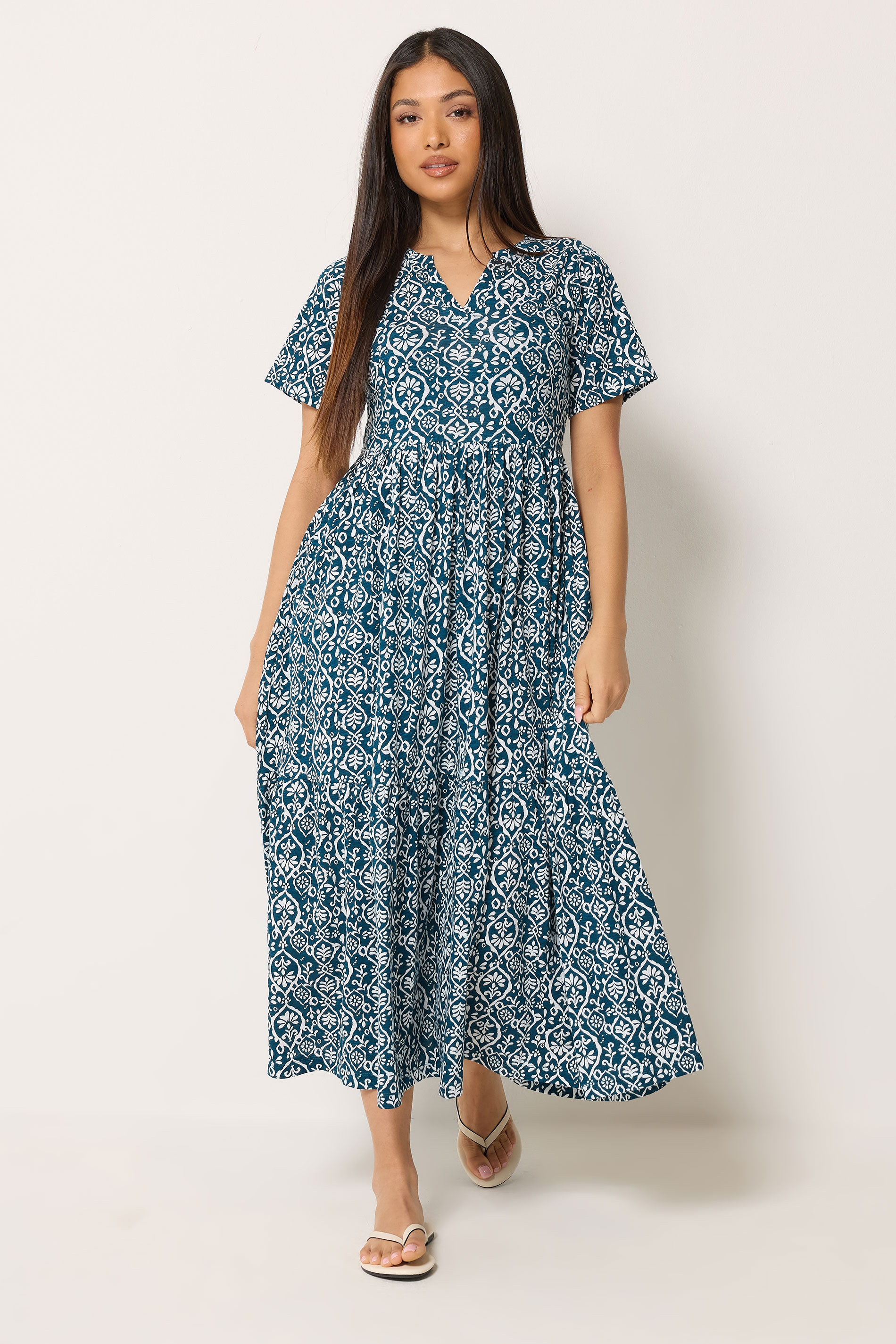 M&Co Petite Teal Blue Tile Print Cotton Midi Dress | M&Co 1