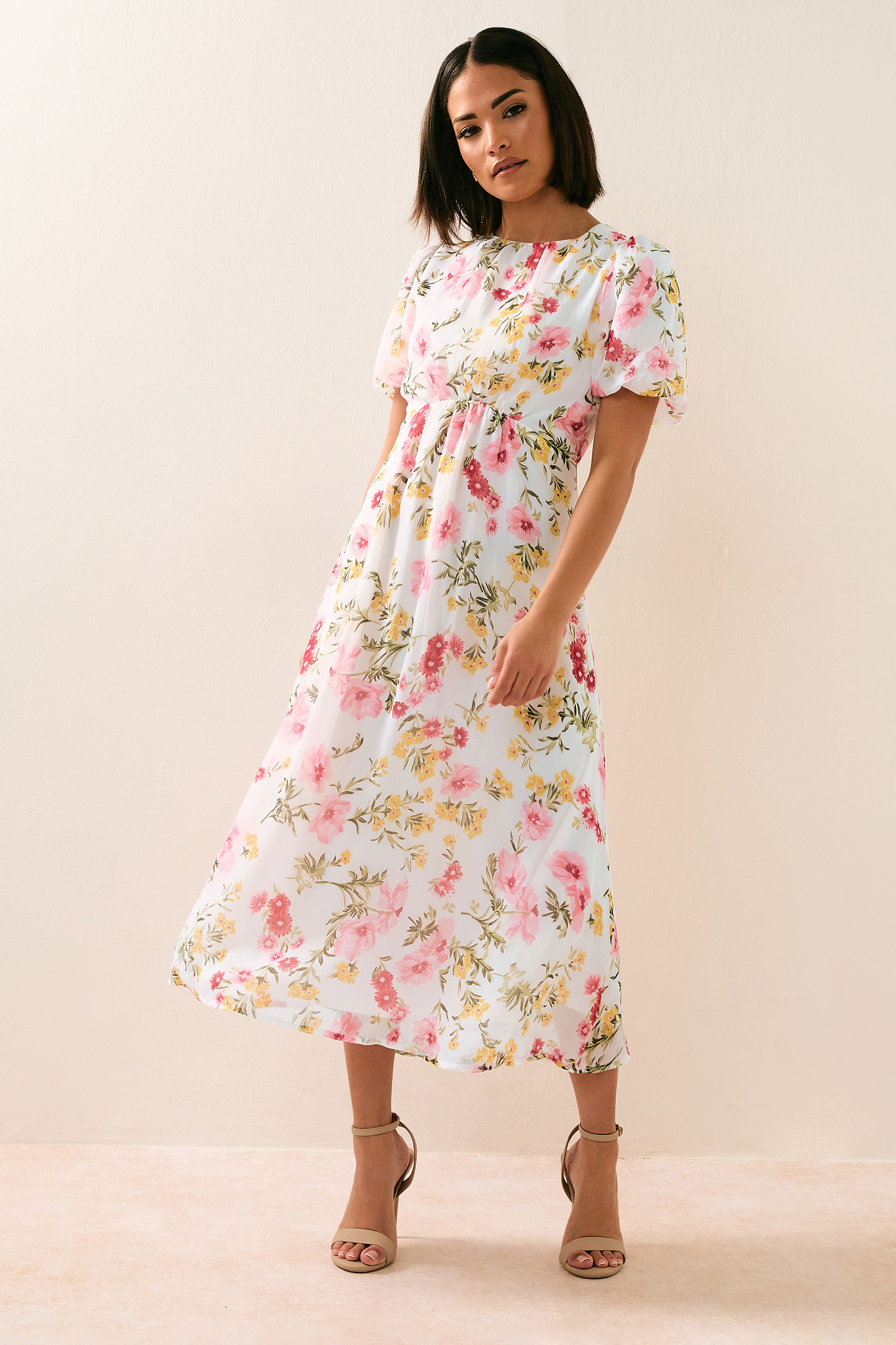 PixieGirl Petite Women's Pink Chiffon Floral Tie Back Midi Dress | PixieGirl 2