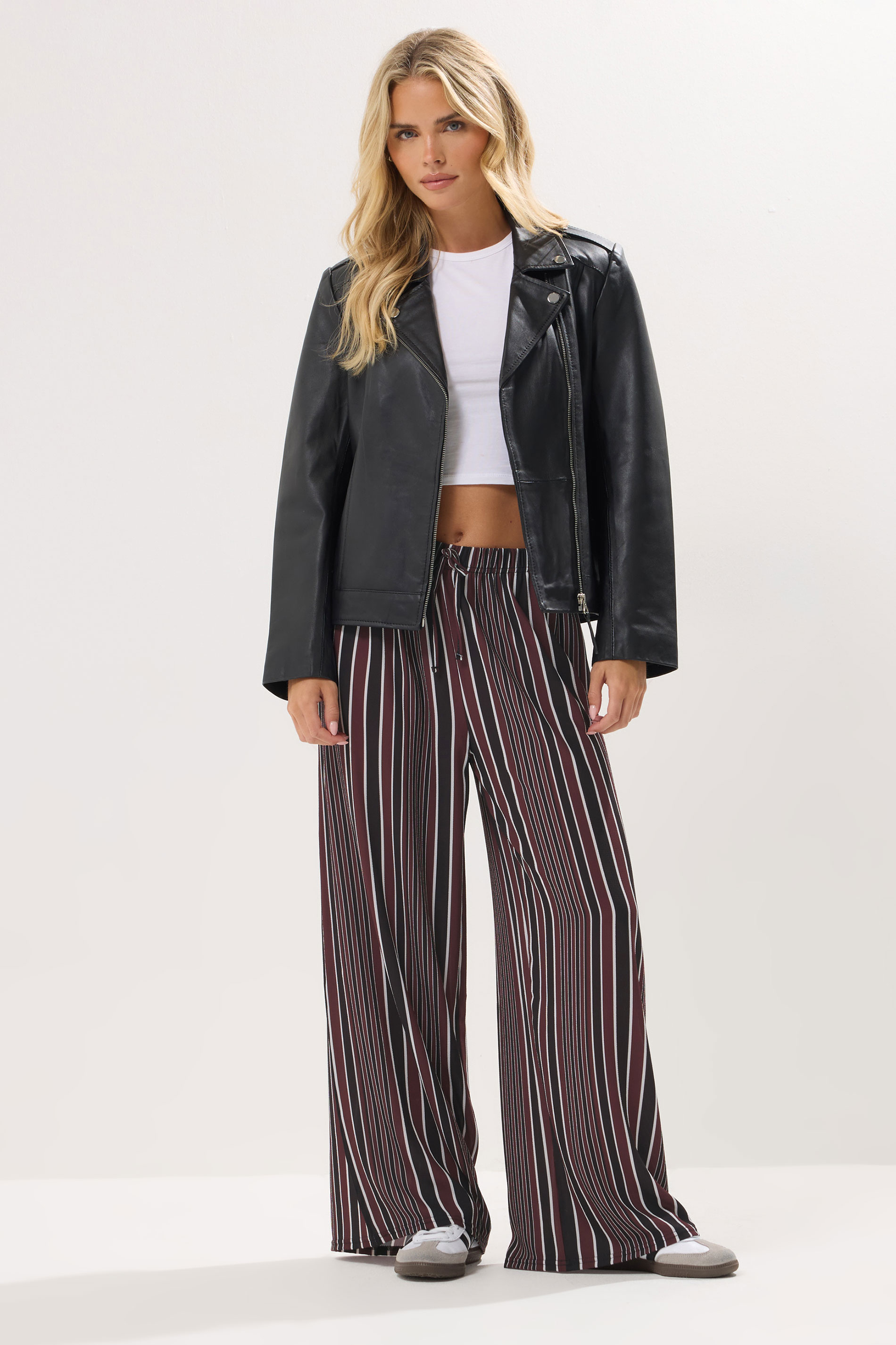 PixieGirl Petite Women's Dark Red Crepe Striped Wide Leg Trousers | PixieGirl 1