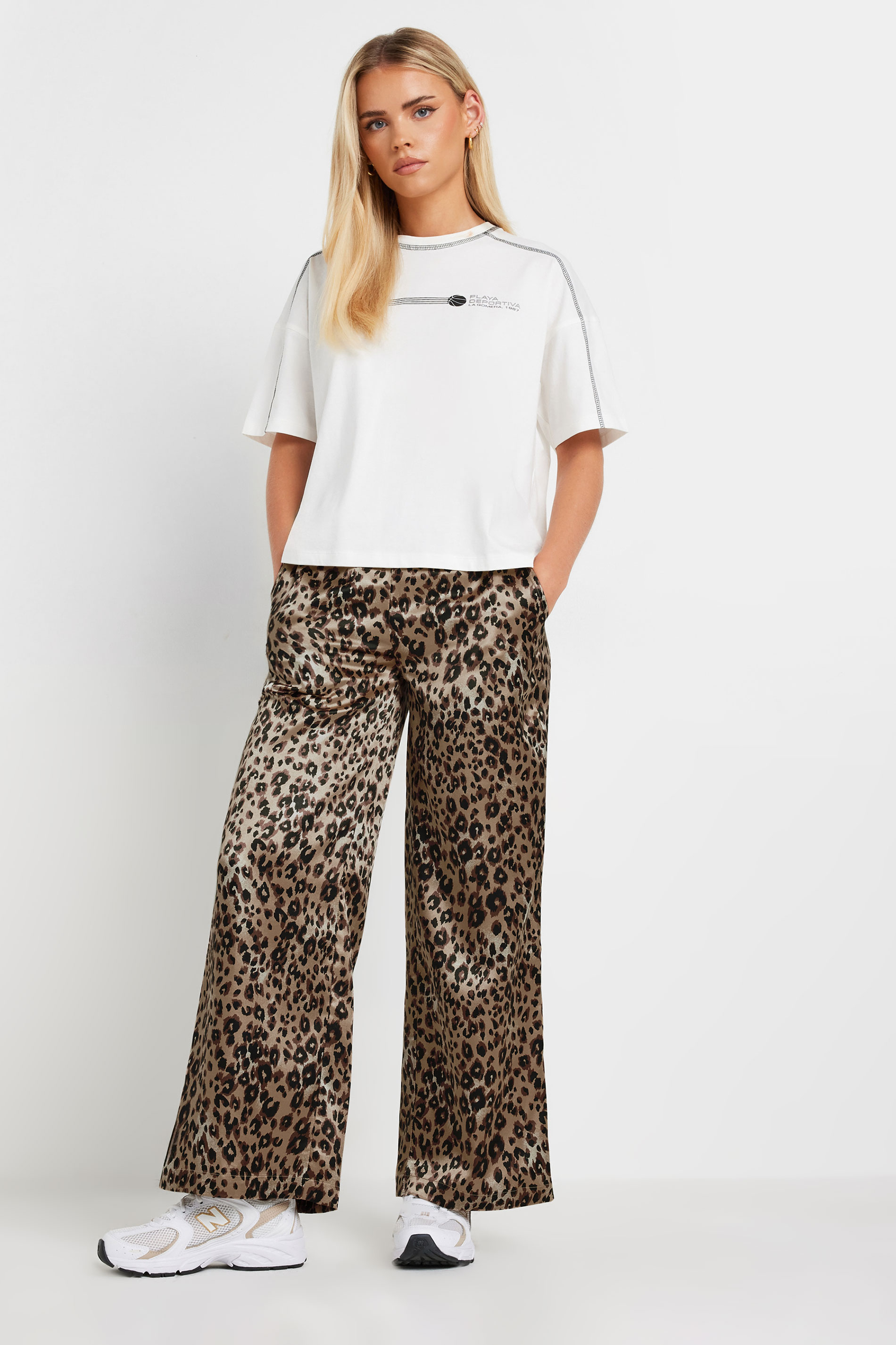 PixieGirl Petite Women's Brown Leopard Print Satin Wide Leg Trousers | PixieGirl 2