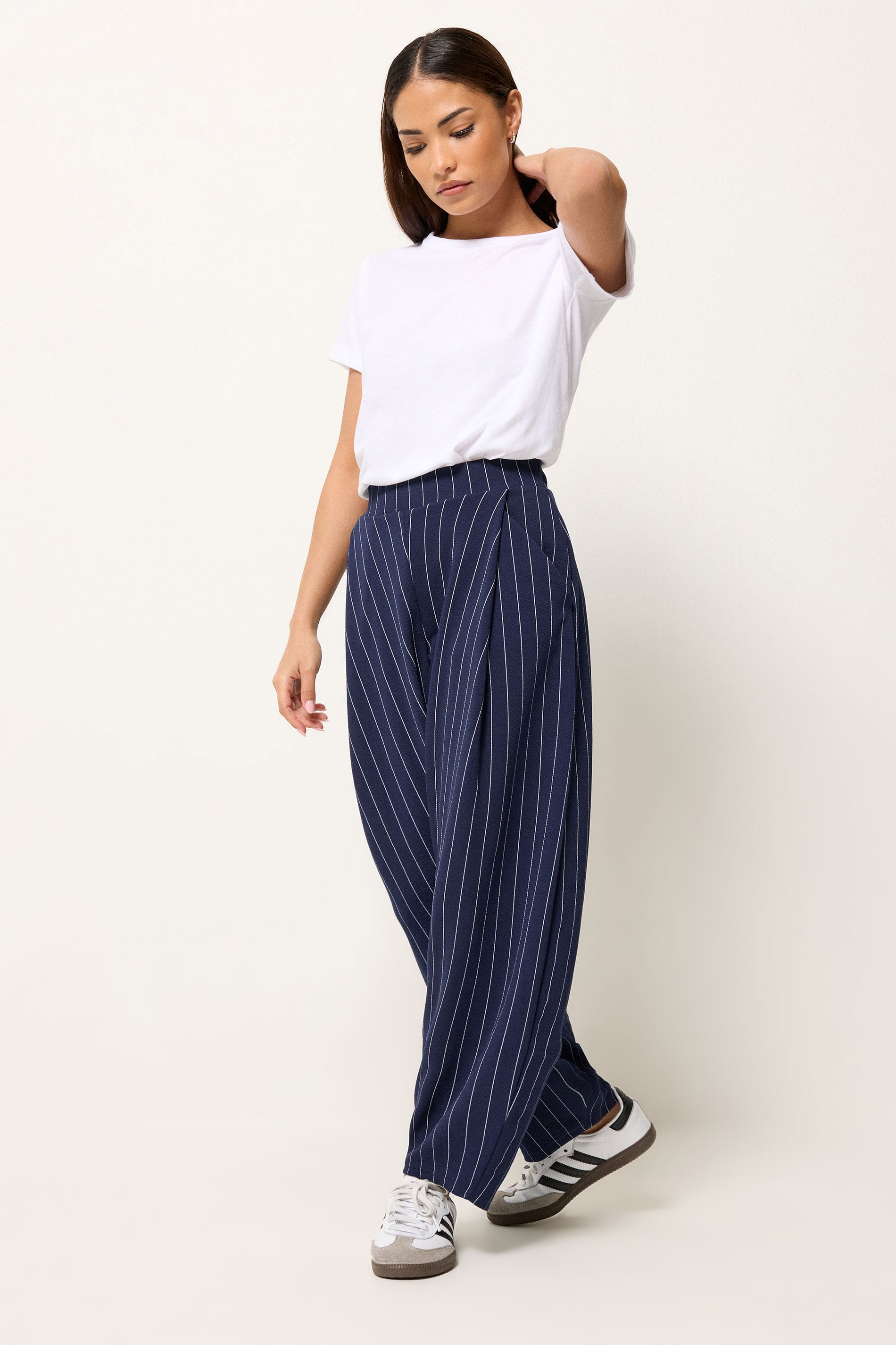 PixieGirl Petite Womens Navy Blue Stripe Barrel Leg Trousers | PixieGirl 3