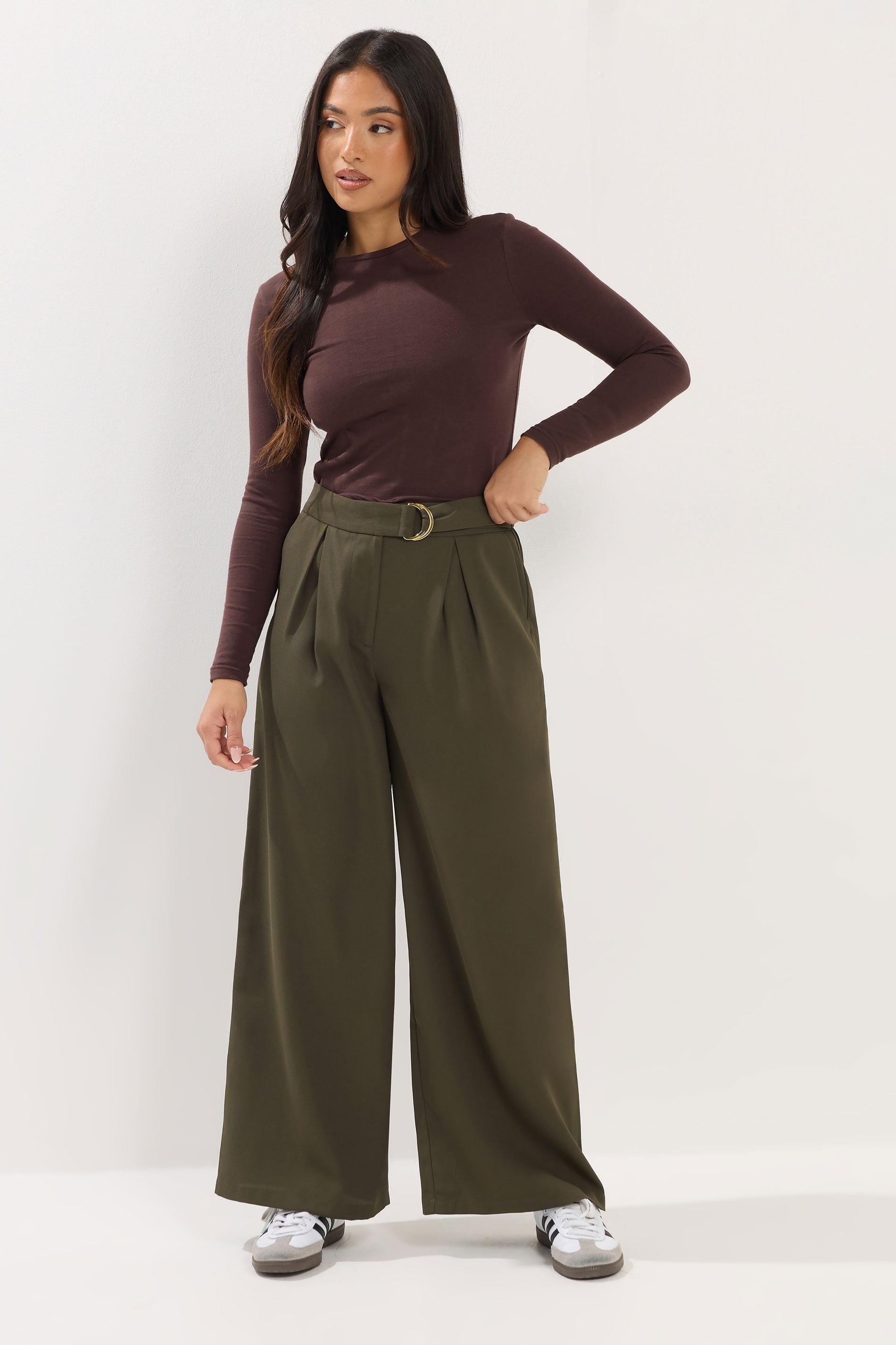 PixieGirl Petite Women's Olive Green Belted Wide Leg Trousers | PixieGirl 3