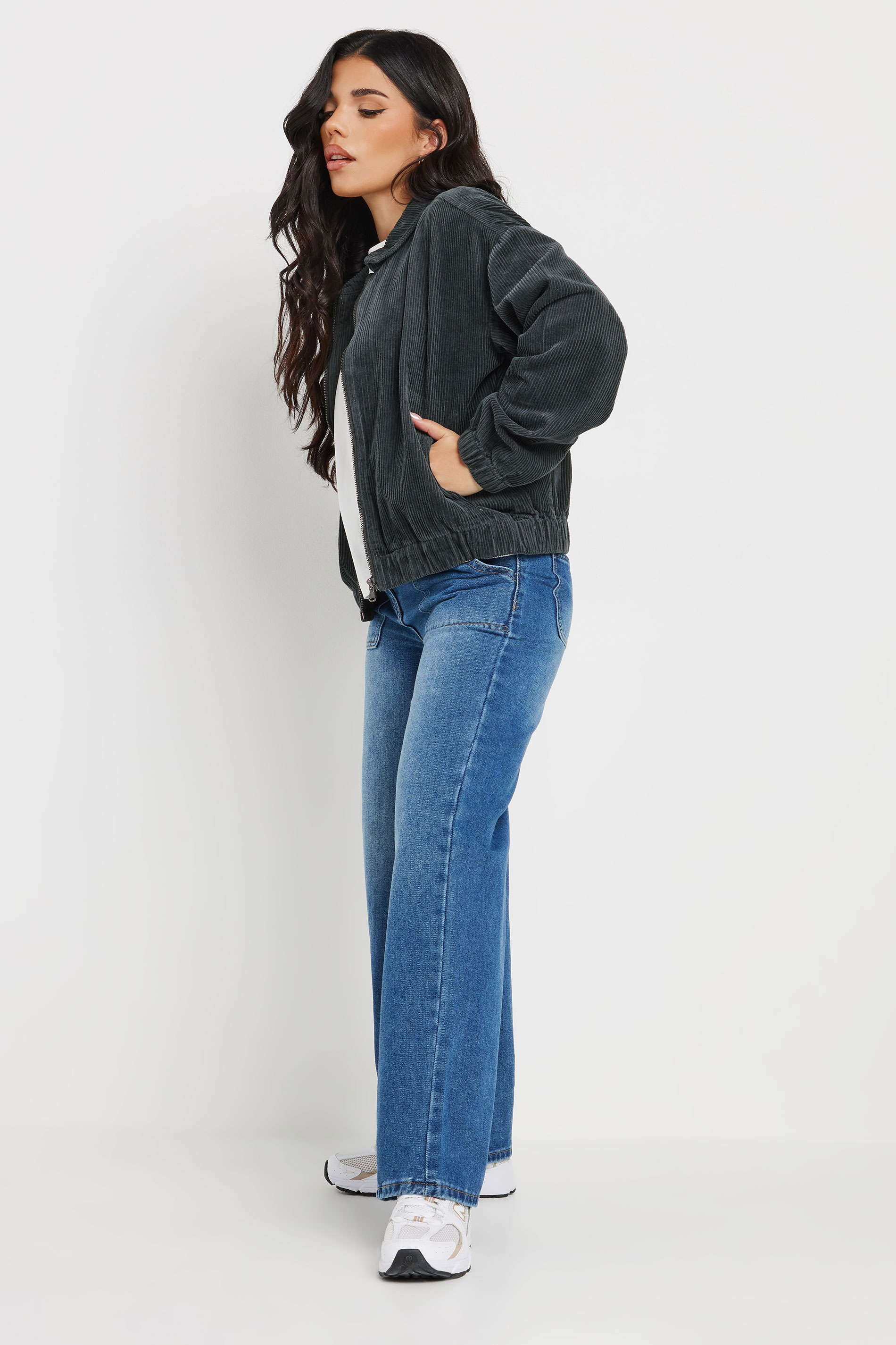 PixieGirl Petite Women's Charcoal Grey Cord Bomber Jacket | PixieGirl 6