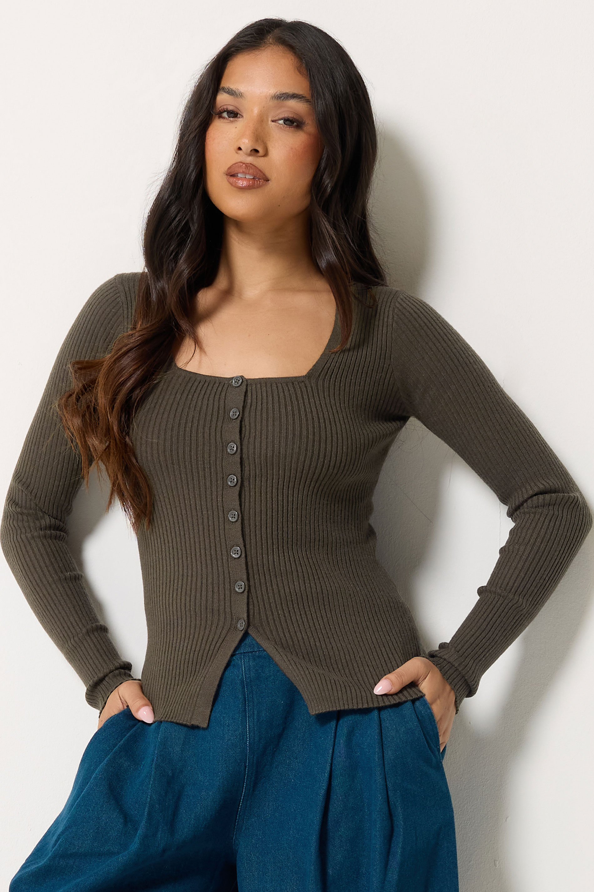 Pixiegirl Women's Brown Petite Chocolate Ribbed Button Scoop Neck Jumper Size 12-14