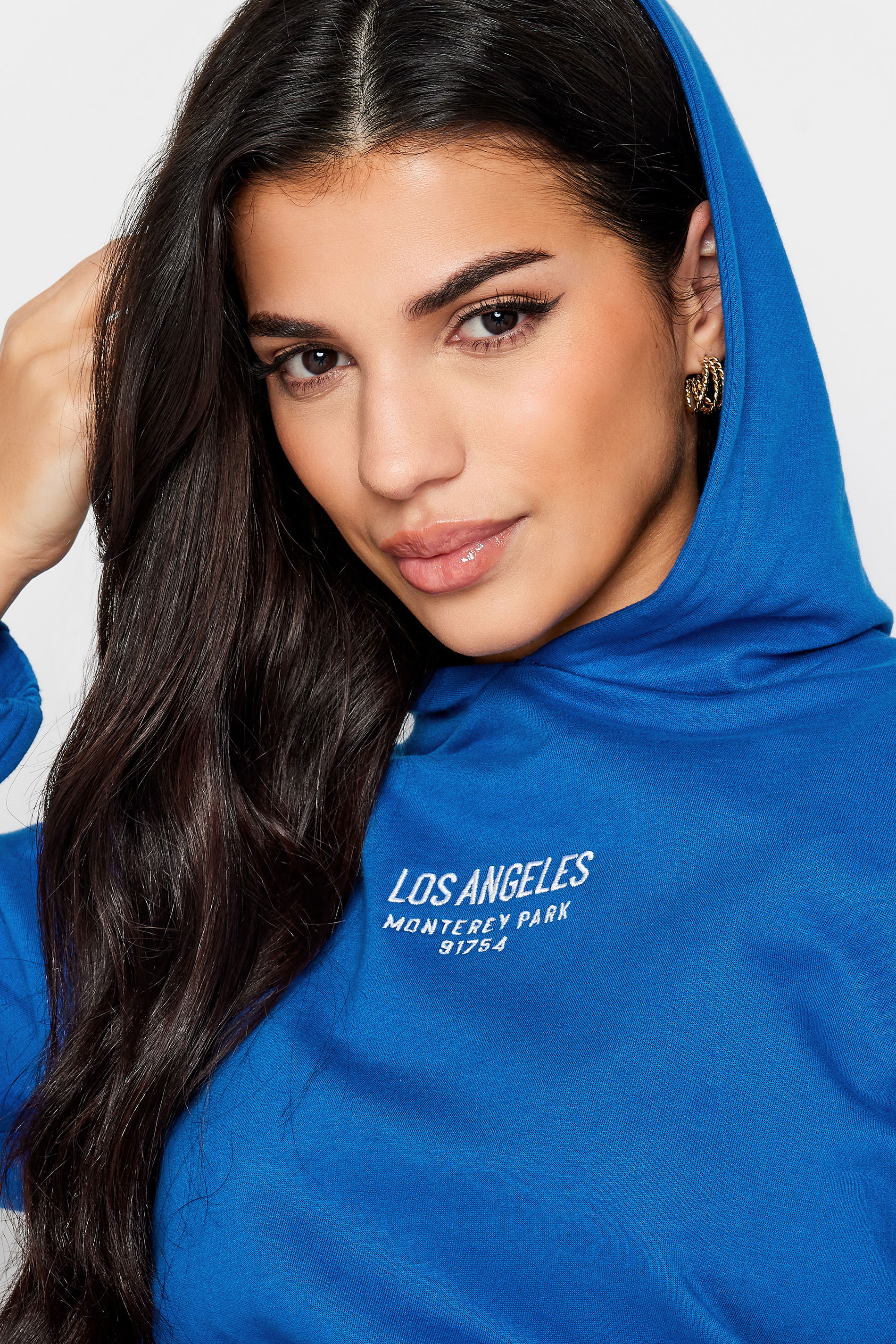 PixieGirl Petite Womens Cobalt Blue 'Los Angeles' Slogan Cropped Hoodie | PixieGirl  5