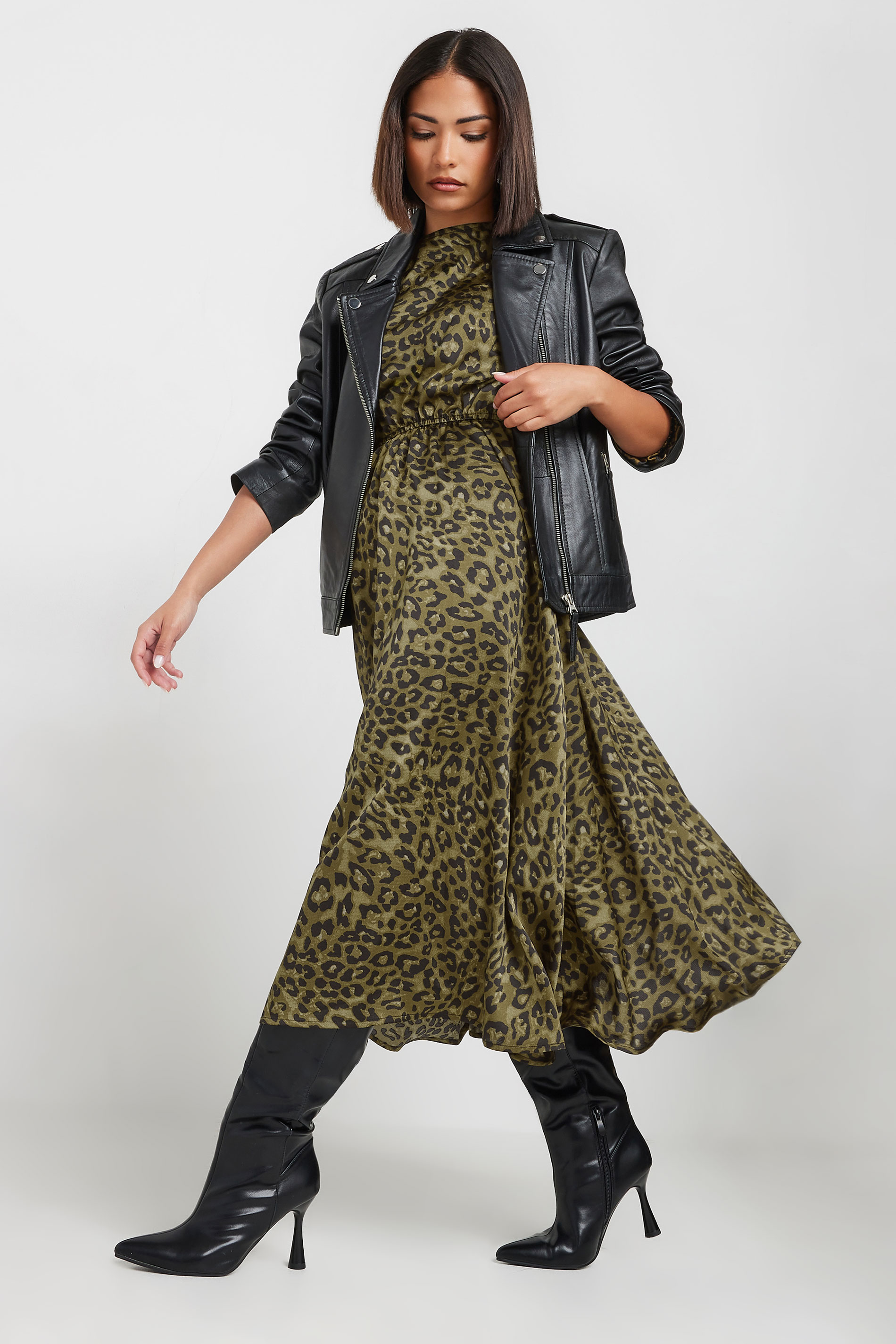 PixieGirl Petite Women's Khaki Green Leopard Print Satin Midi Dress | PixieGirl 4