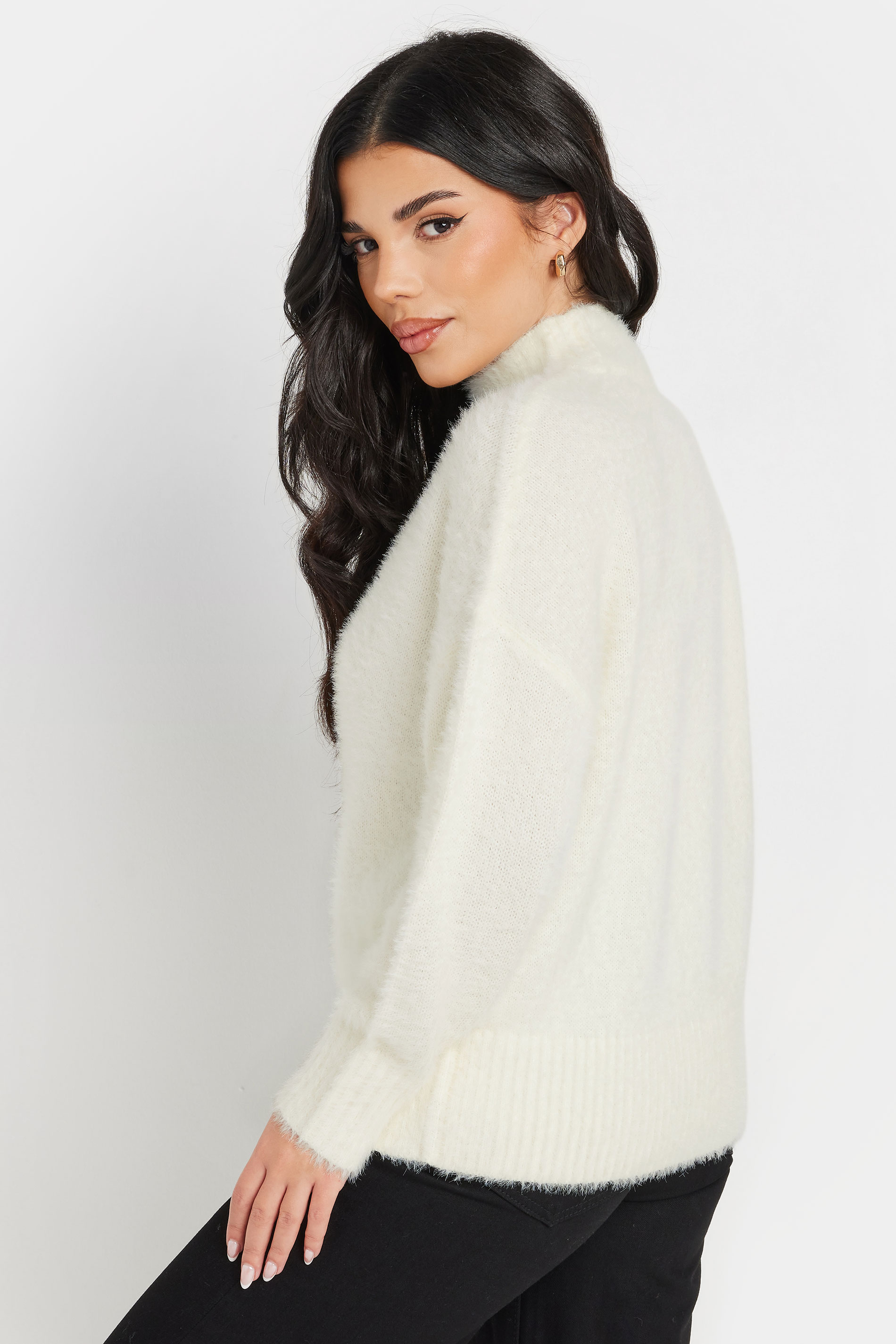PixieGirl Petite Women's Ivory White Fluffy Knitted High Neck Jumper | PixieGirl 3