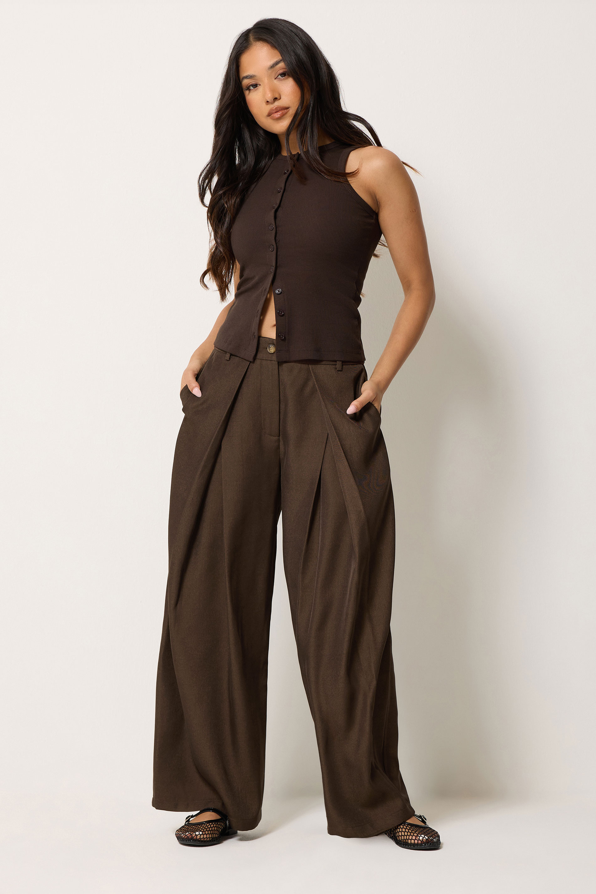 Pixiegirl Women's Brown Petite Chocolate Pleated Wide Leg Trousers Size Petite > 12