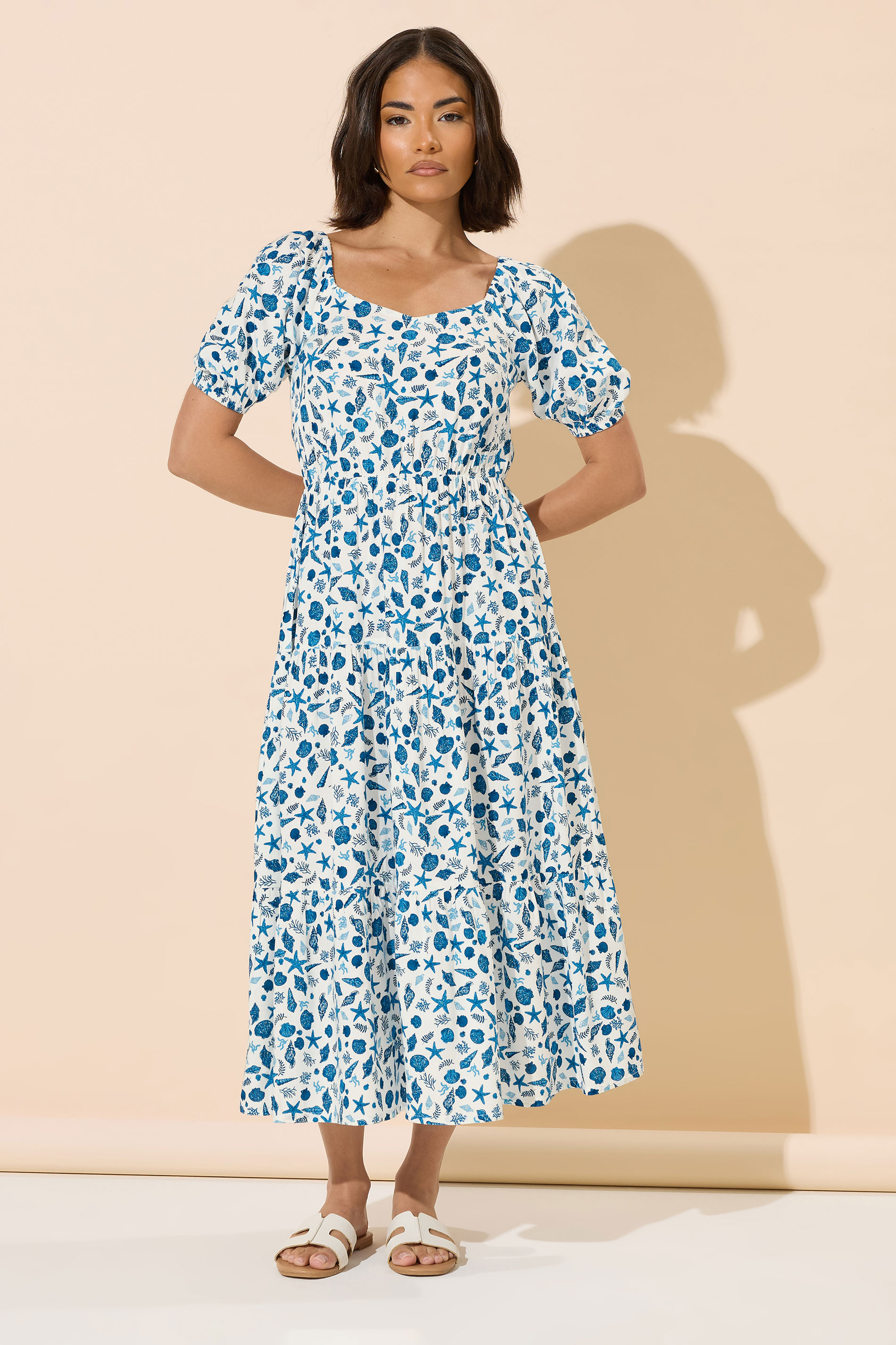 PixieGirl Petite Women's White Seashell Graphic Puff Sleeve Midi Dress | PixieGirl 2