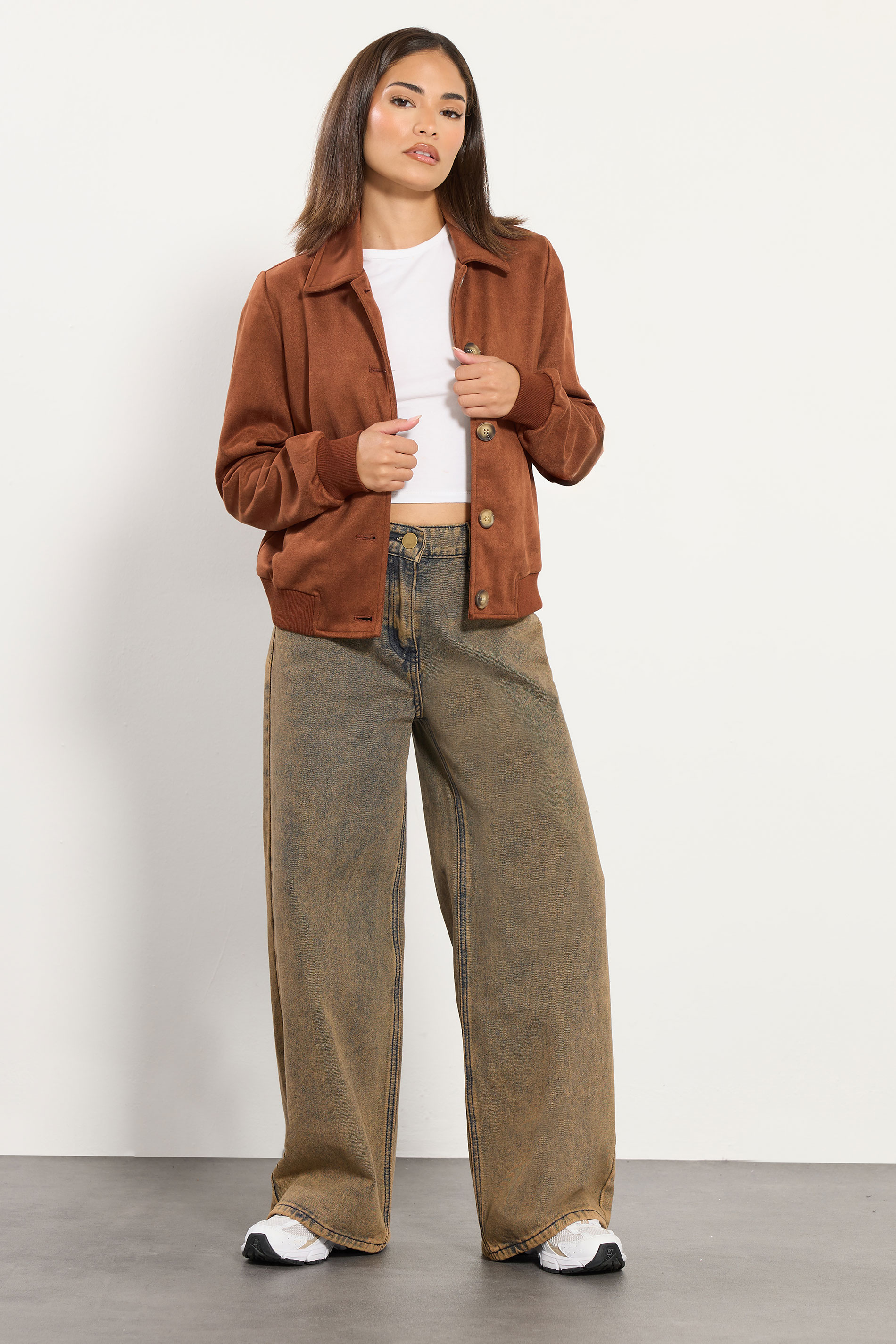 PixieGirl Petite Women's Tan Brown Suedette Collar Bomber Jacket | PixieGirl 2