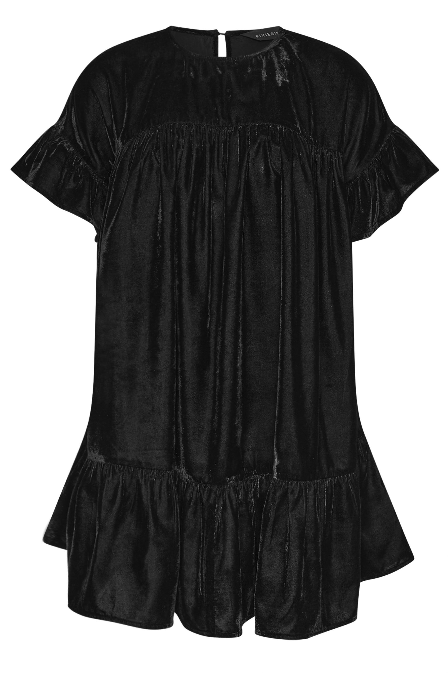 PixieGirl Petite Women's Black Velvet Frill Smock Mini Dress | PixieGirl 5