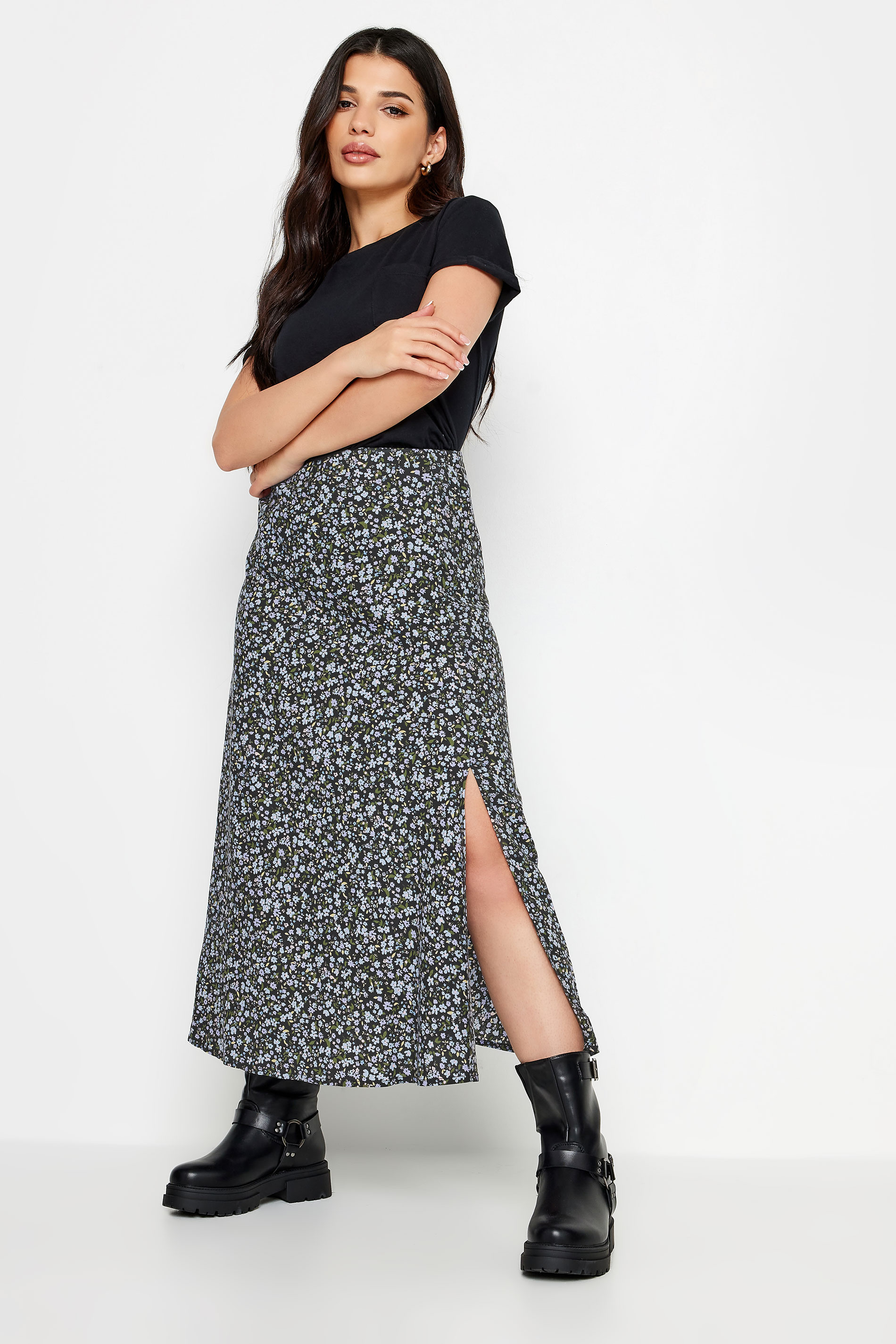 PixieGirl Petite Womens Black & Blue Floral Print Midaxi Skirt | PixieGirl 1
