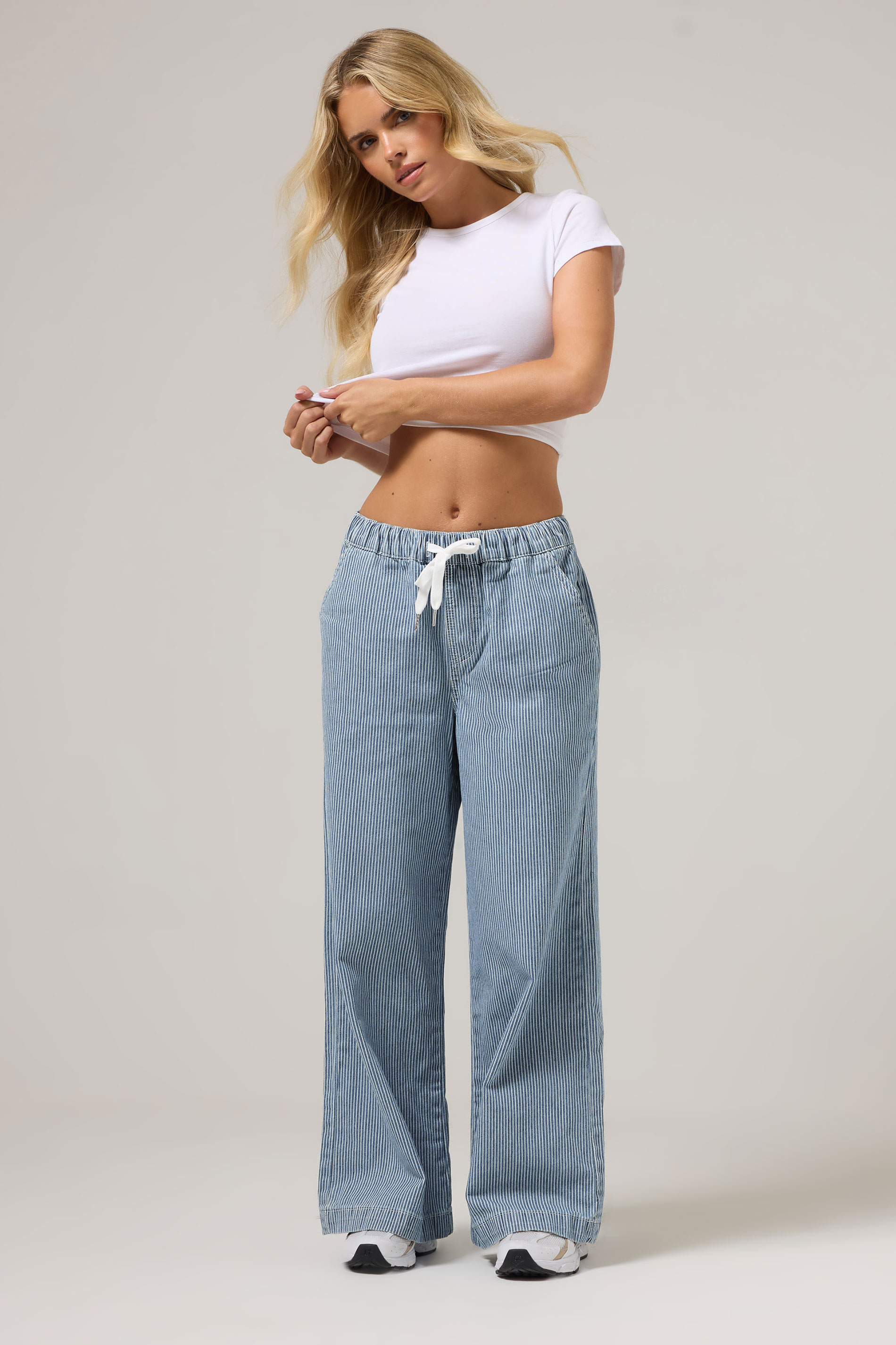 PixieGirl Petite Women's Blue Cotton Striped Wide Leg Jeans | PixieGirl 4