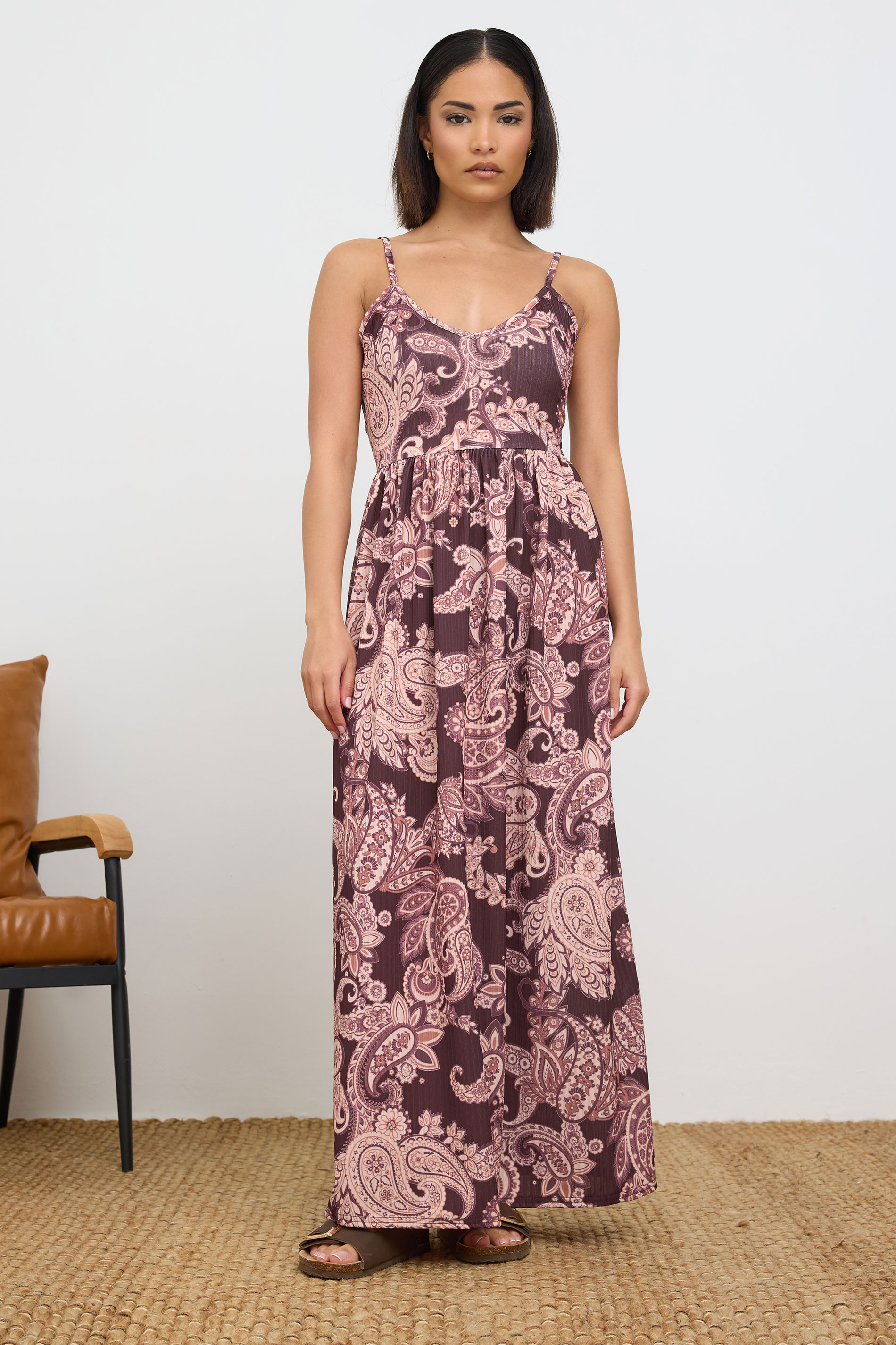 PixieGirl Petite Women's Brown Paisley Ribbed Strappy Maxi Dress | PixieGirl 2