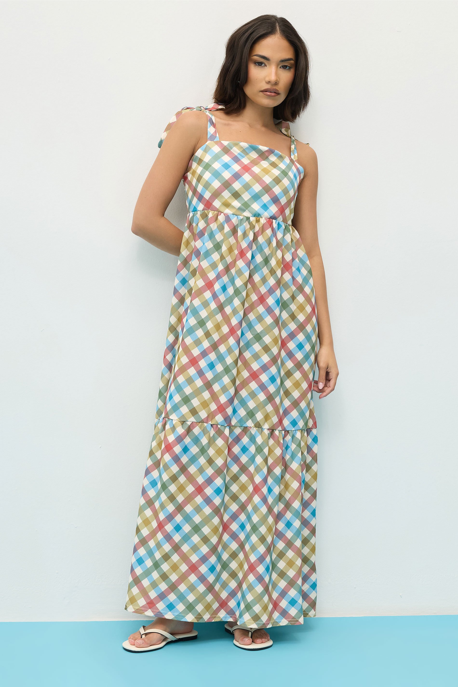 PixieGirl Petite Women's Red Gingham Tie Shoulder Maxi Dress | PixieGirl 2