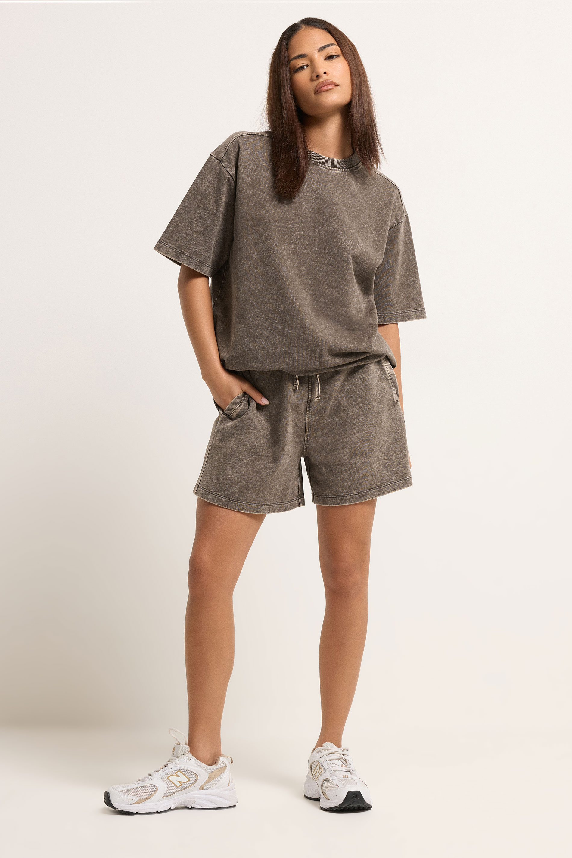 PixieGirl Petite Women's Set Chocolate Brown Acid Wash Cotton T