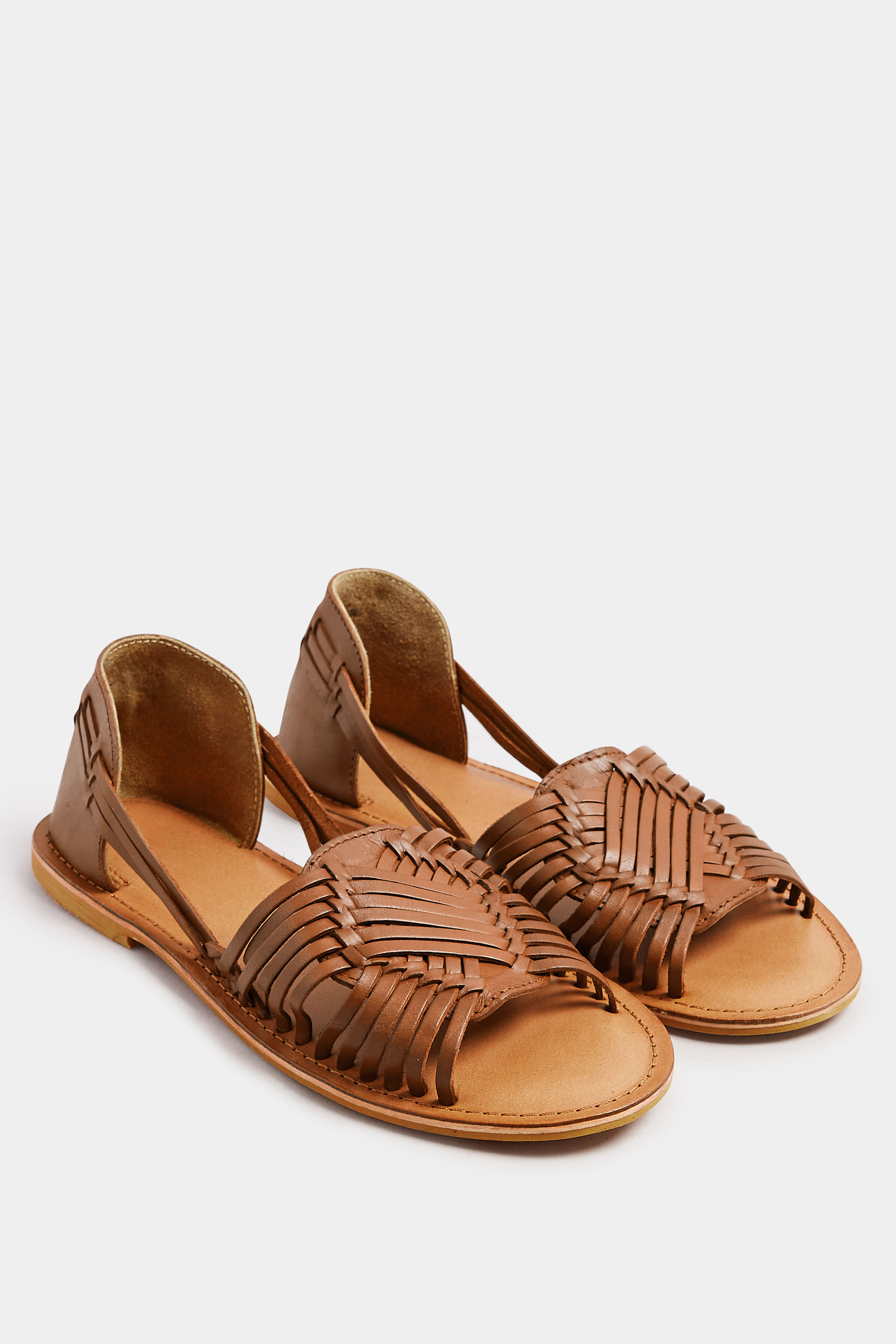 Brown Leather Woven Flat Sandals In Wide E Fit & Extra Wide EEE Fit | Yours Clothing 2