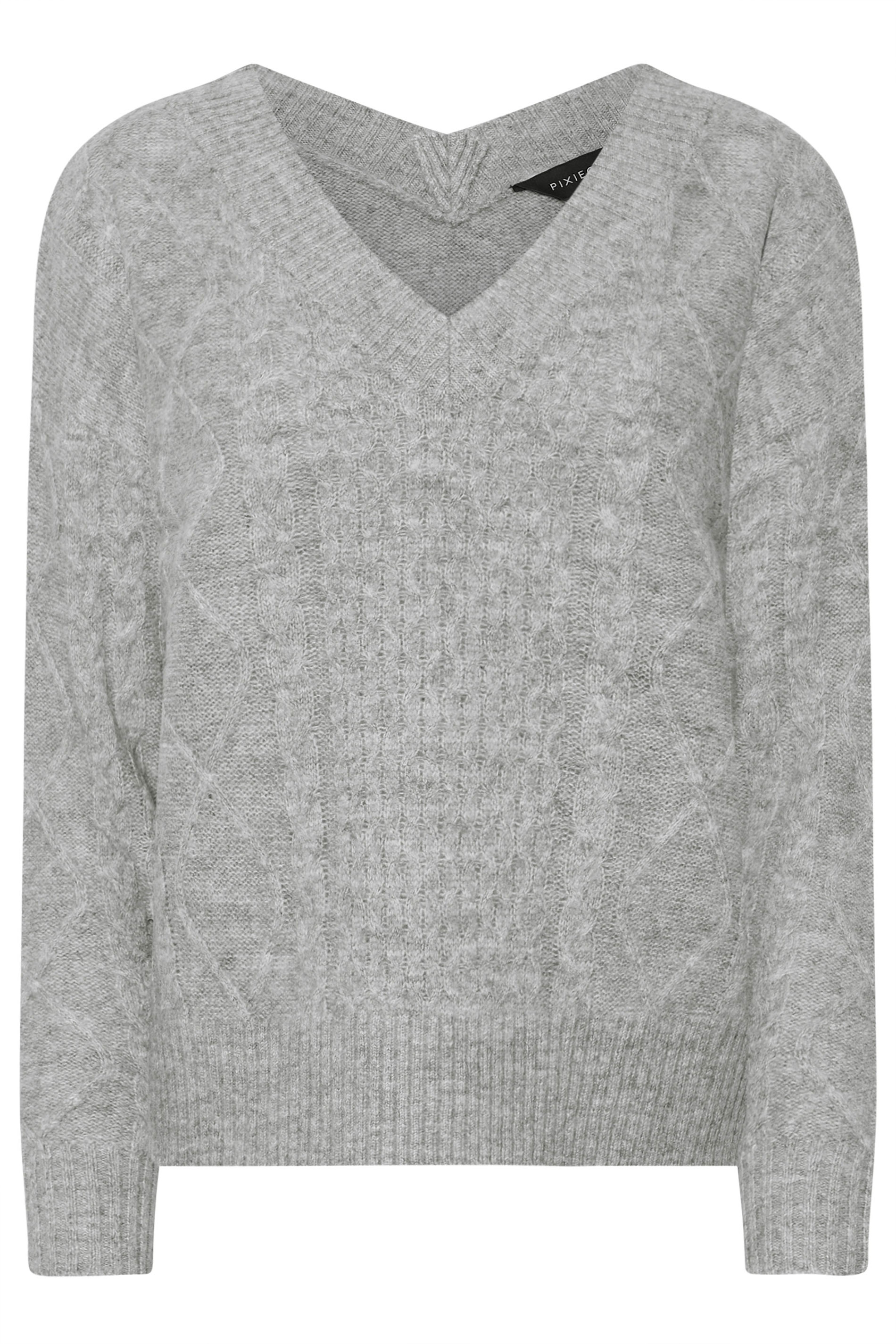PixieGirl Petite Women's Grey Cable Knit V-Neck Jumper | PixieGirl 5
