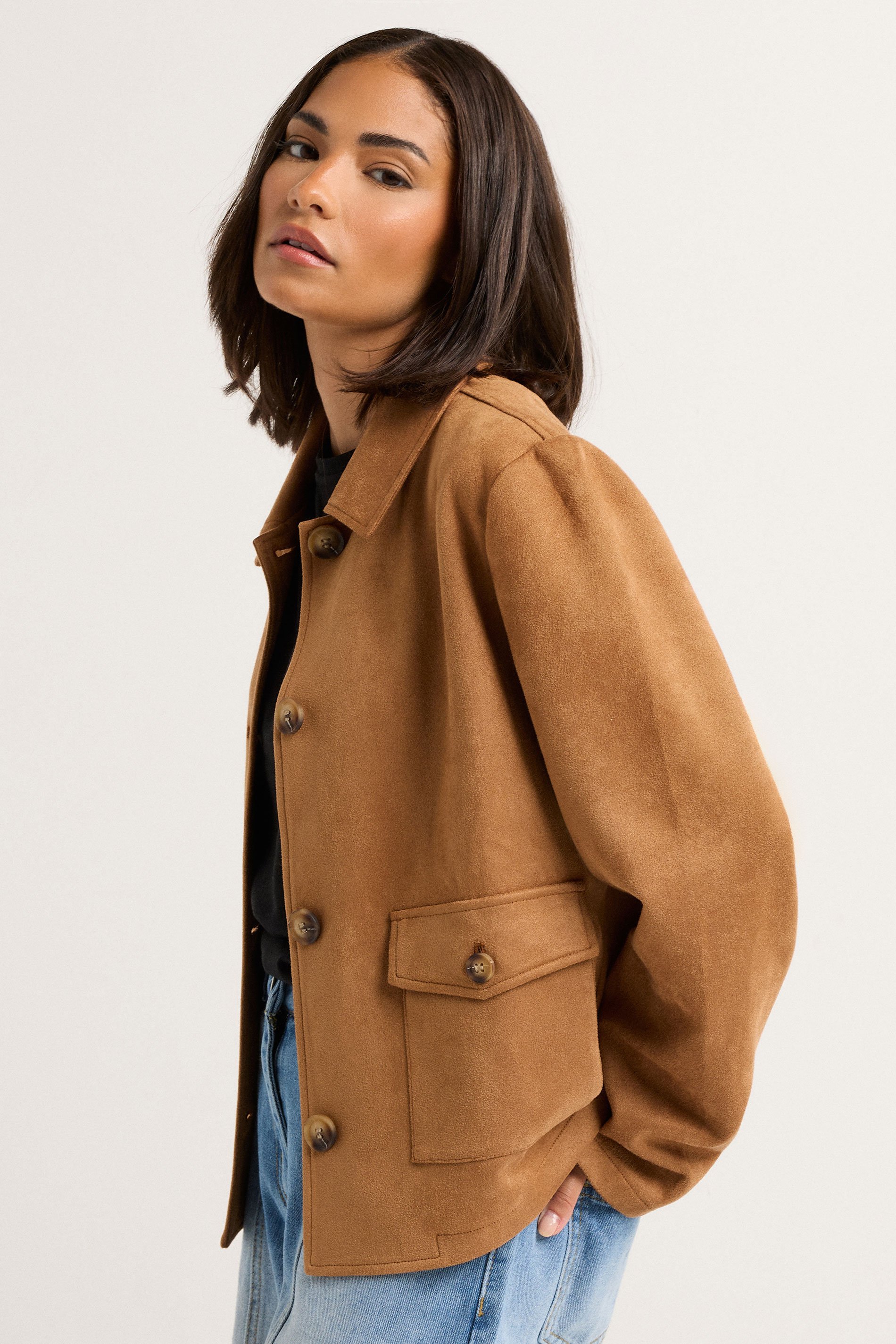 PixieGirl Petite Women's Camel Brown Suedette Patch Pocket Jacket | PixieGirl 2