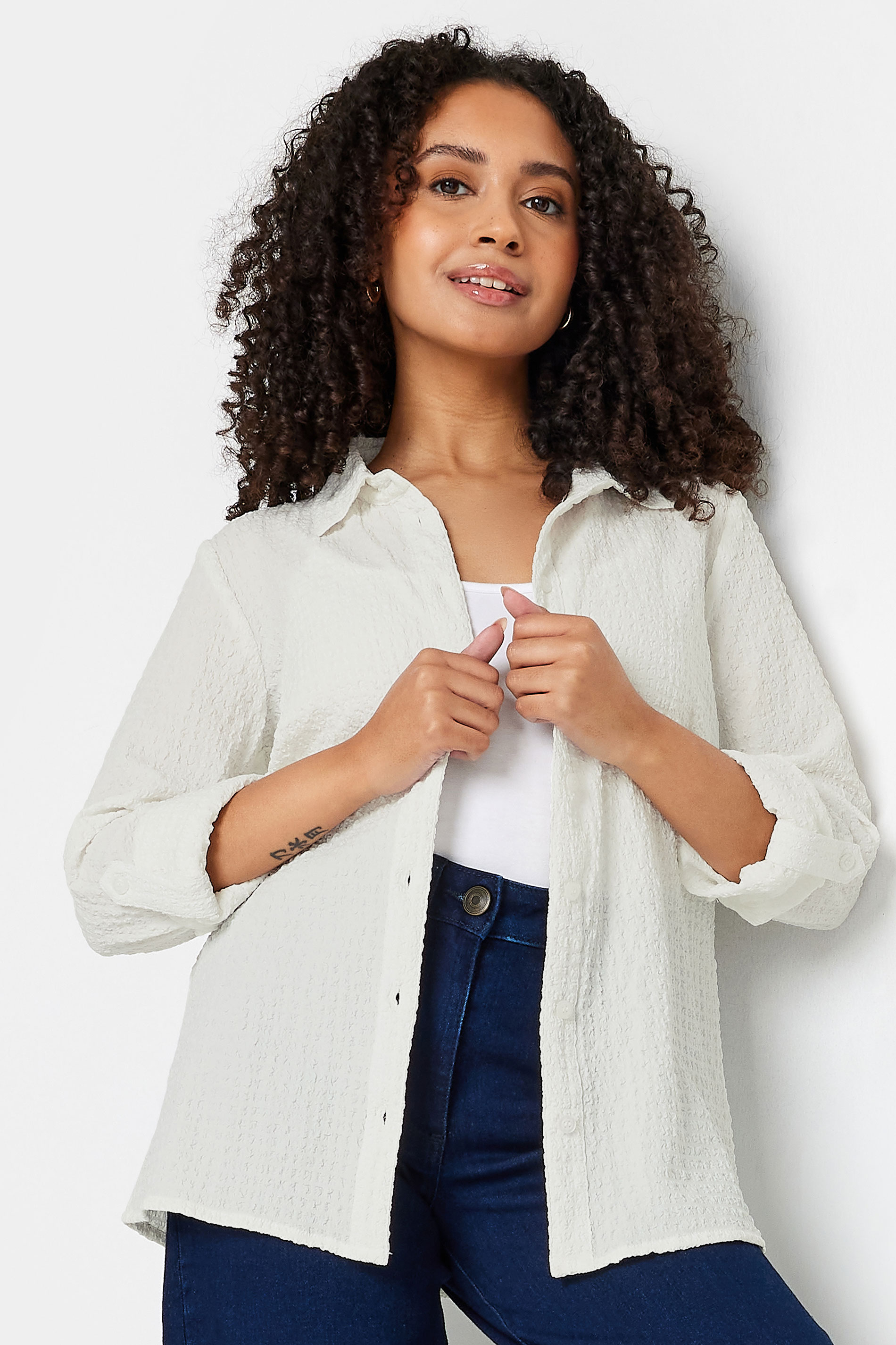 M&Co Petite Ivory White Textured Tab Sleeve Shirt | M&Co 1