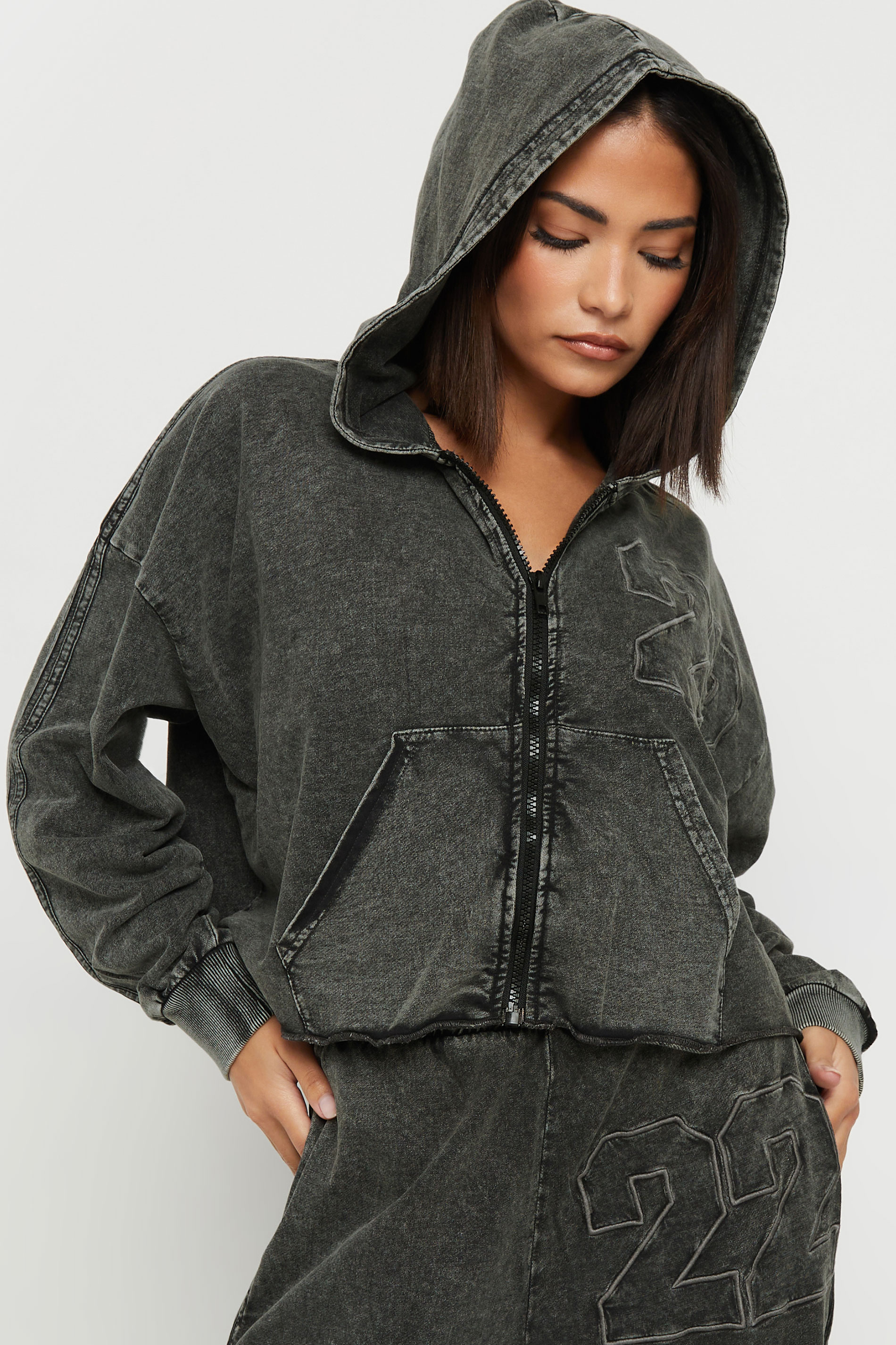 PixieGirl Petite Women's Grey Acid Wash Cropped Hoodie | PixieGirl 5