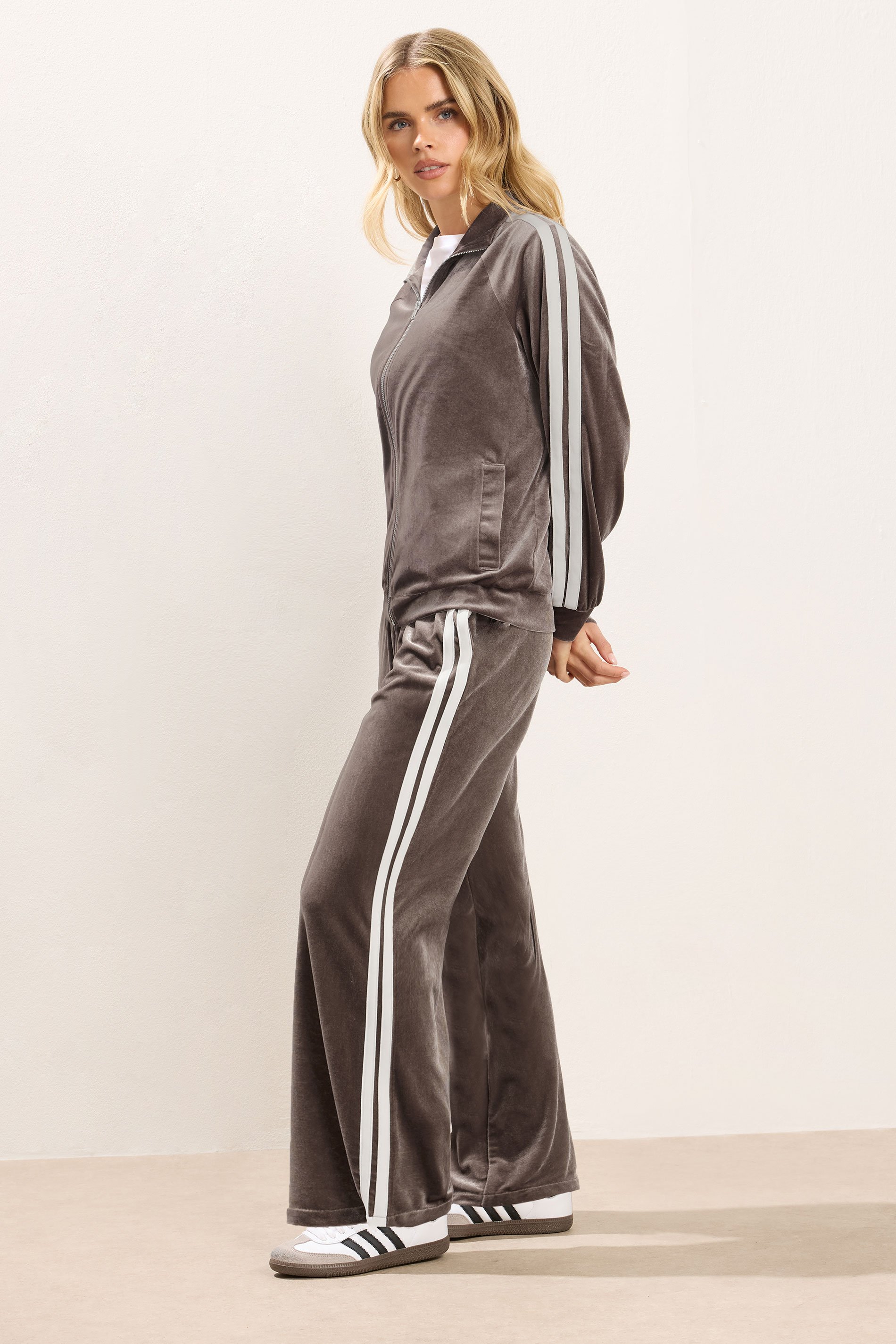 PixieGirl Petite Women's Brown Side Stripe Velvet Wide Leg Trousers | PixieGirl 2