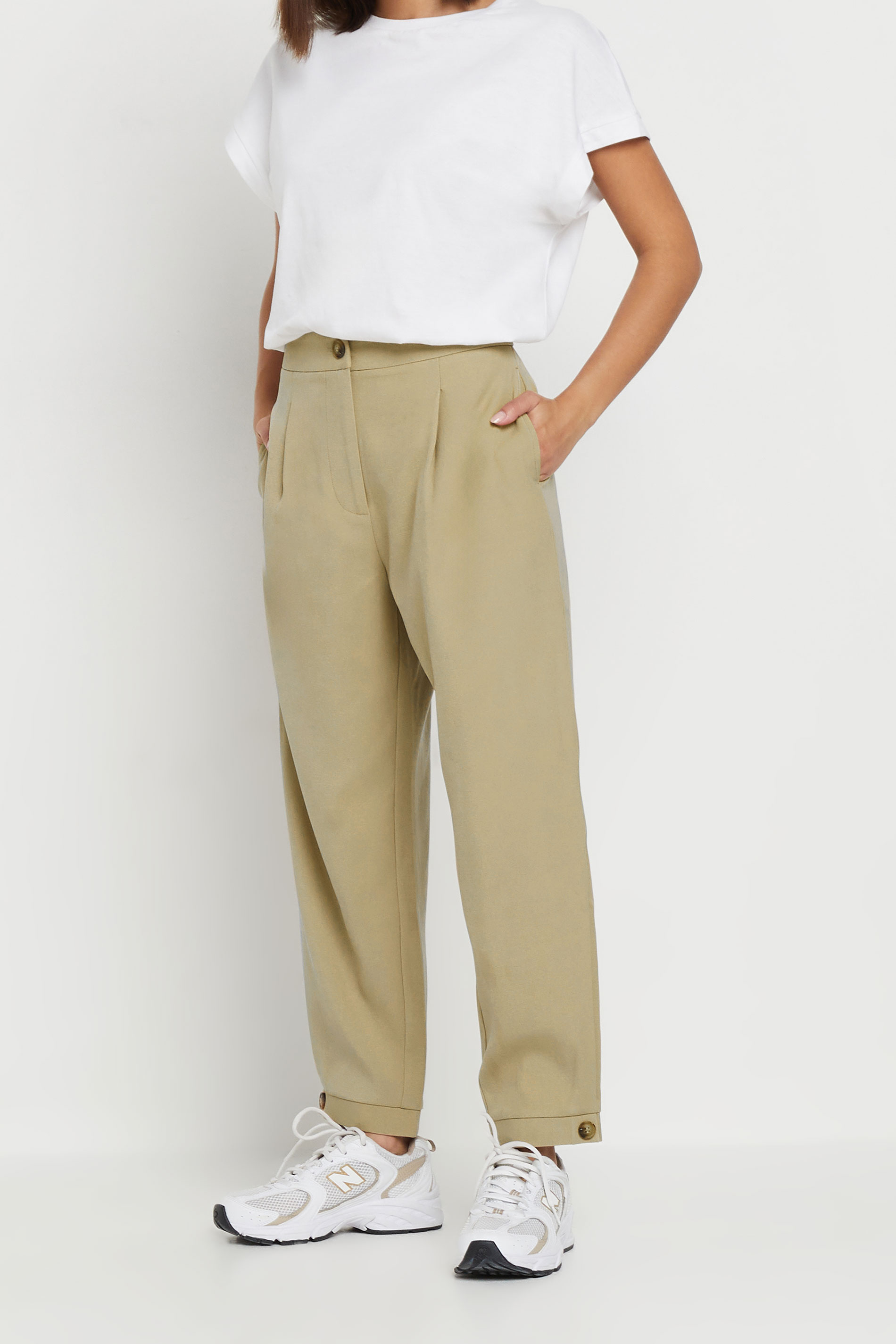 PixieGirl Petite Women's Stone Brown Tailored Barrel Button Trousers | PixieGirl 2