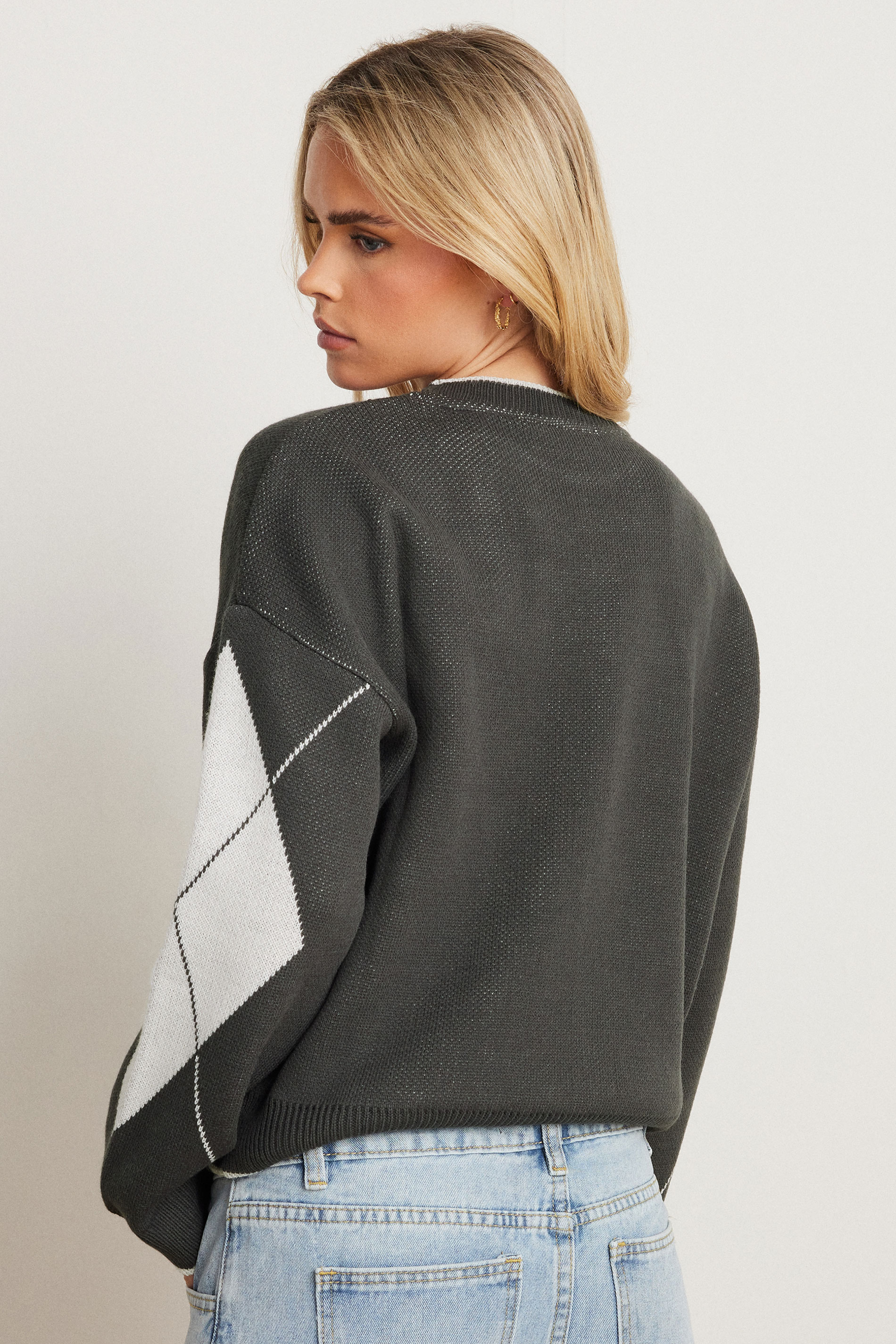 PixieGirl Petite Women's Grey Knitted Argyle Jumper | PixieGirl 3