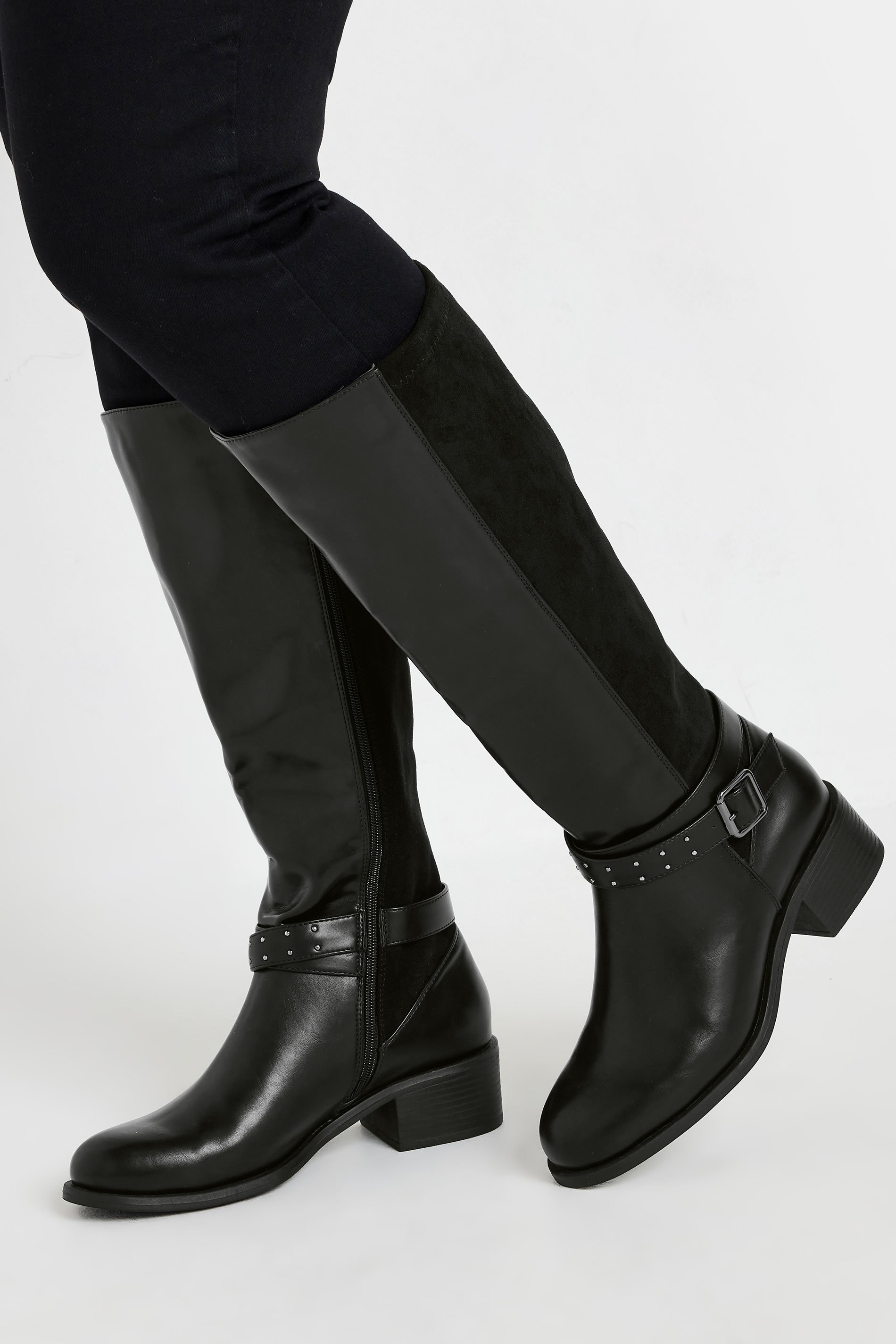 Black Faux Leather Buckle Detail Knee High Boots In Extra Wide EEE Fit | Yours Clothing 1