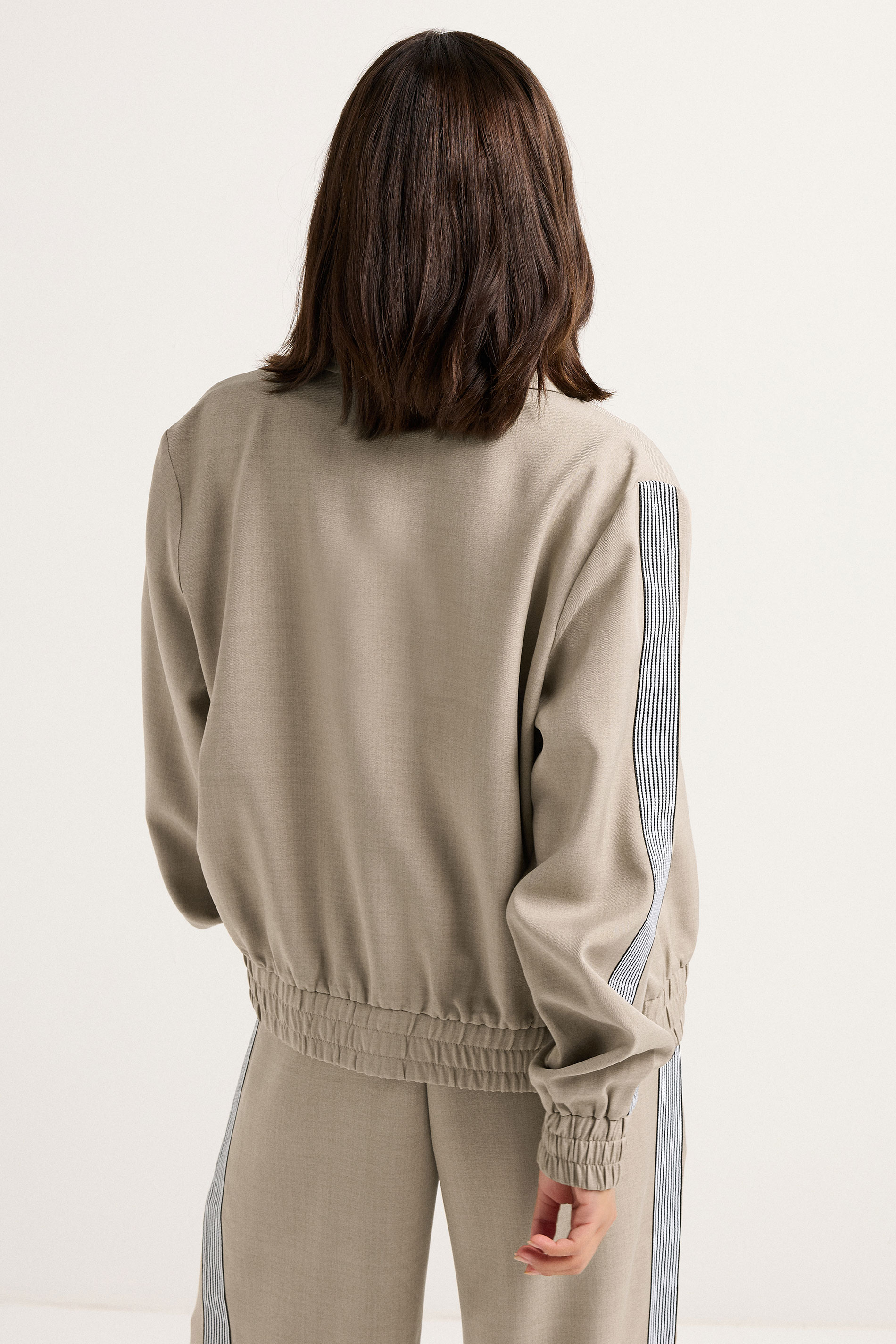 PixieGirl Petite Women's Beige Brown Striped Collar Bomber Jacket | PixieGirl 4