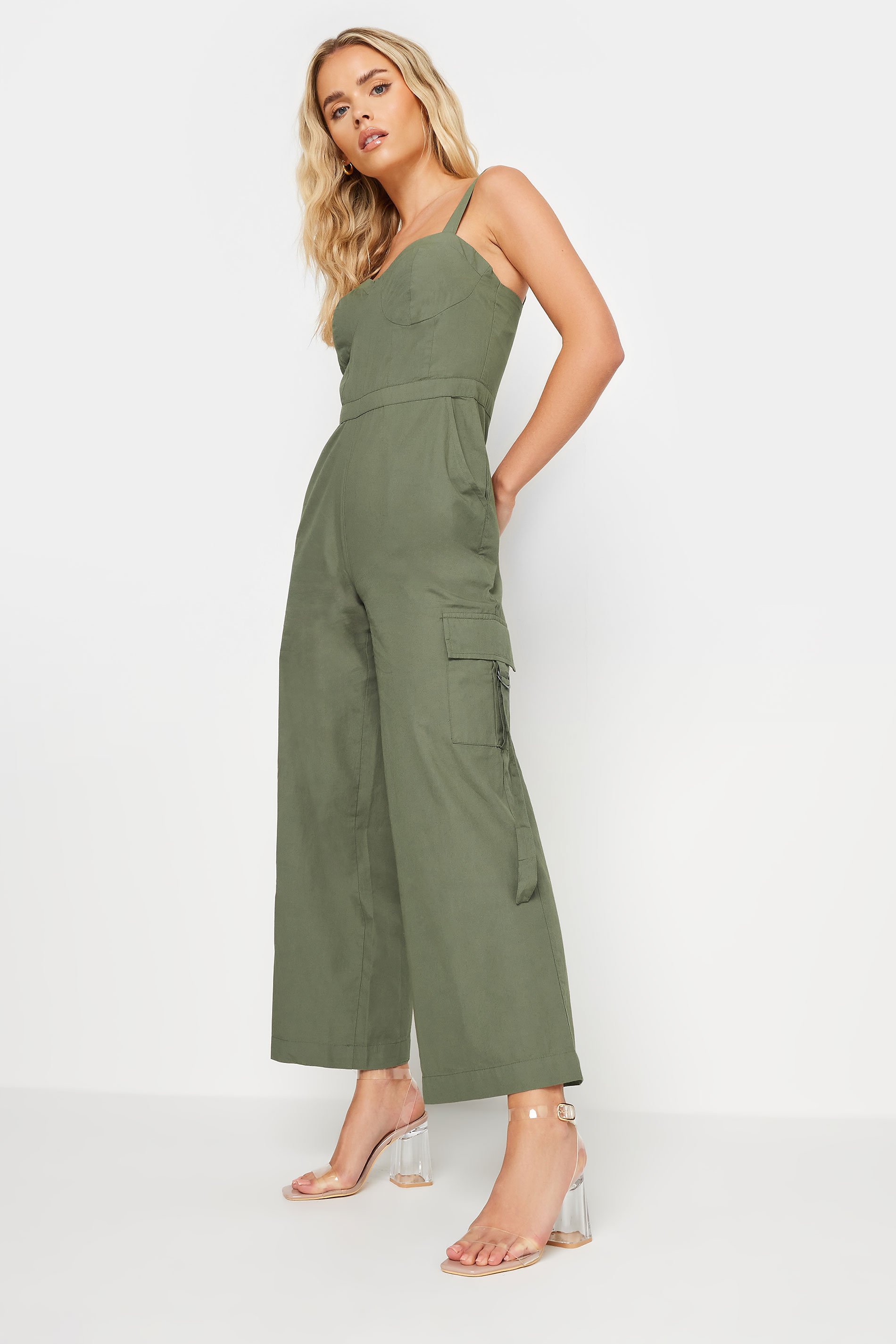PixieGirl Petite Women's Khaki Green Utility Wide Leg Jumpsuit | PixieGirl 3