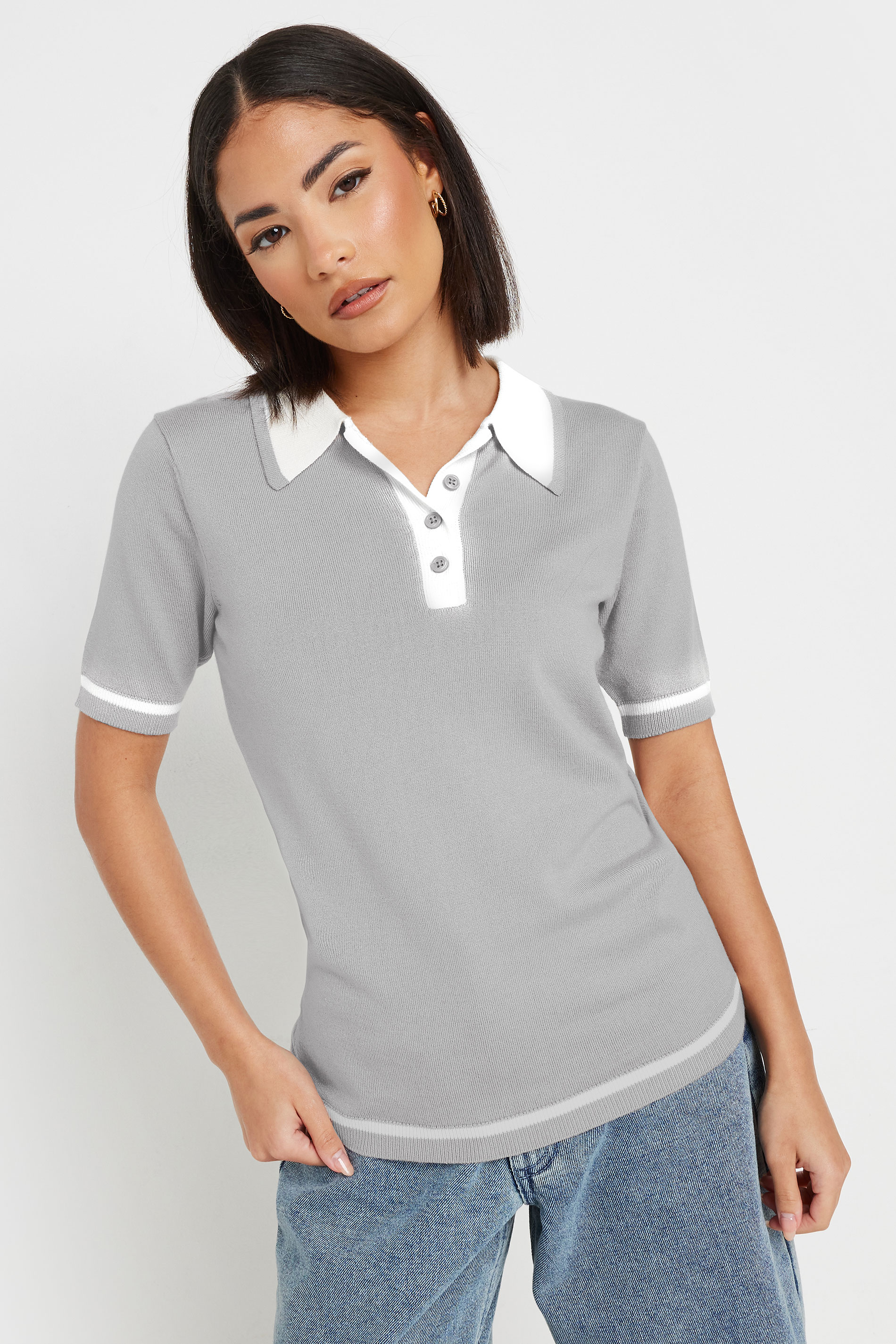PixieGirl Petite Women's Grey Knit Contrast Polo Shirt | PixieGirl 2